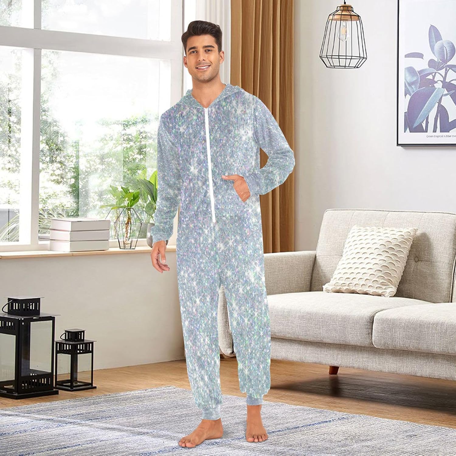 YETTASBIN Silver Glitter Adult Onesie Pajamas, Hooded Jumpsuit for Couples Women Men Holiday Costume Party Wear