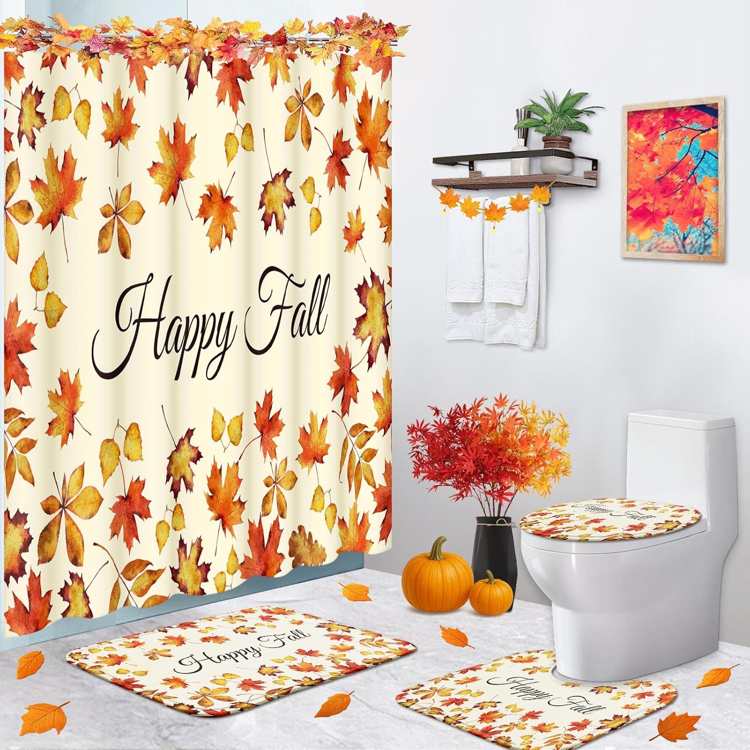Arttown Fall Bathroom Sets with Shower Curtain and Rugs Set of 4, Maple
