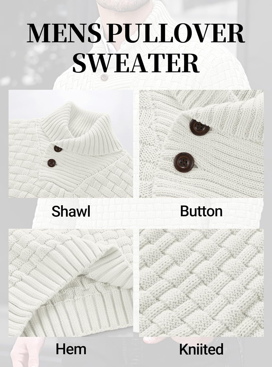 Mens Casual Pullover Fall Winter Turtleneck Cable Knit v Neck Fisherman Waffle Sweater - Image 5