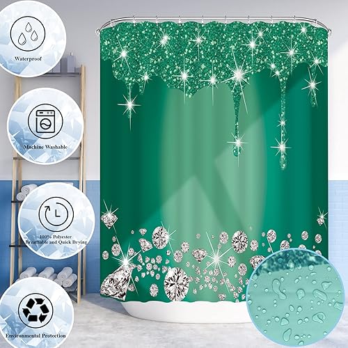Miniatura 5 de Juego de 4 cortinas de ducha de diamantes con purpurina, decoración de baño de goteo verde oscuro brillante con alfombra y cubierta para tapa de