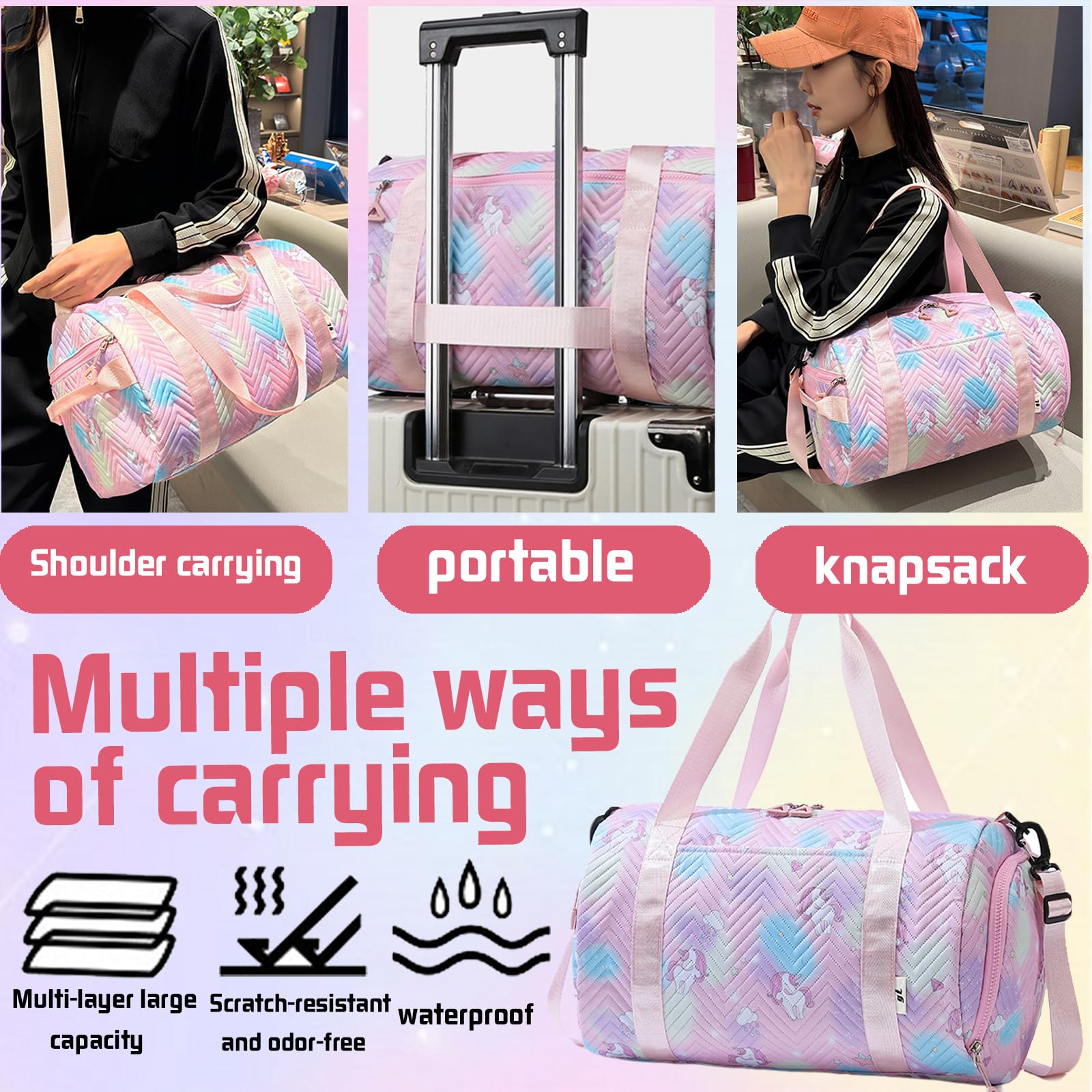 25L Borsa Palestra Unicorno, Borsa da Viaggio Bambina, Impermeabile Borsa Piscina Sportiva, Borsone Viaggio, Travel Weekender Gym Bag Con Scomparto per Donna Scarpe e Strato Umido (Rosa)