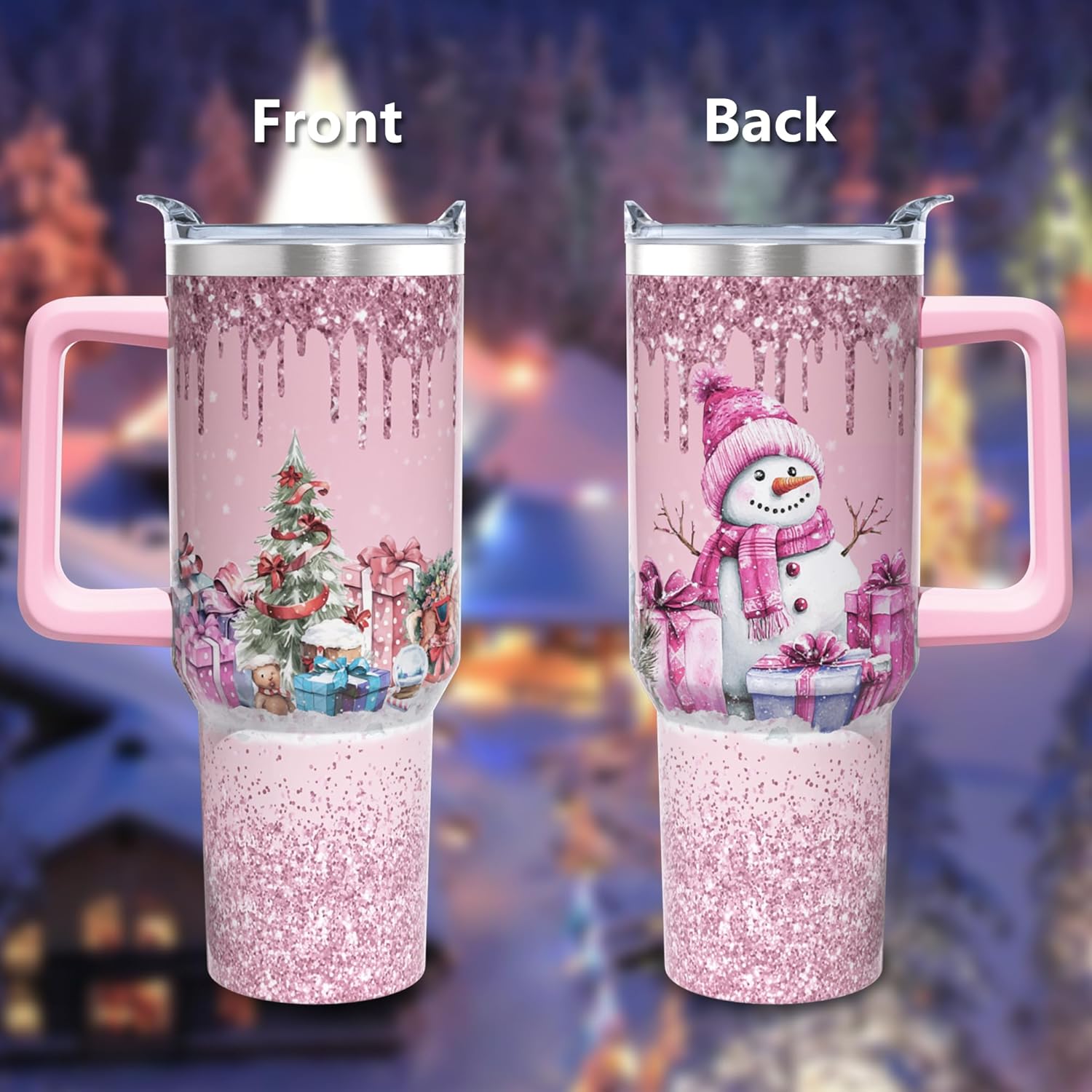 40 oz Christmas Tumbler with Handle and Straw, Stainless Steel Insulated Snowman Tumbler 40 oz, Reusable Pink Snowman Cup with Leak Proof Lid, Christmas Gifts for Women - Image 2