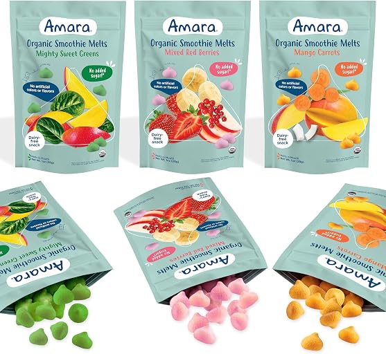 Amara Smoothie Melts - Best Sellers Variety Pack - Baby Snacks Made With Fruits and Vegetables - Healthy Toddler Snacks For Your Kids Lunch Box - Organic Plant Based Yogurt Melts - 6 Packs