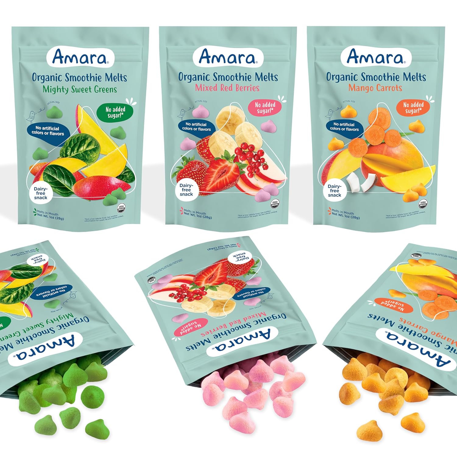 Amara Smoothie Melts - Best Sellers Variety Pack - Baby Snacks Made With Fruits and Vegetables - Healthy Toddler Snacks For Your Kids Lunch Box - Organic Plant Based Yogurt Melts - 6 Packs