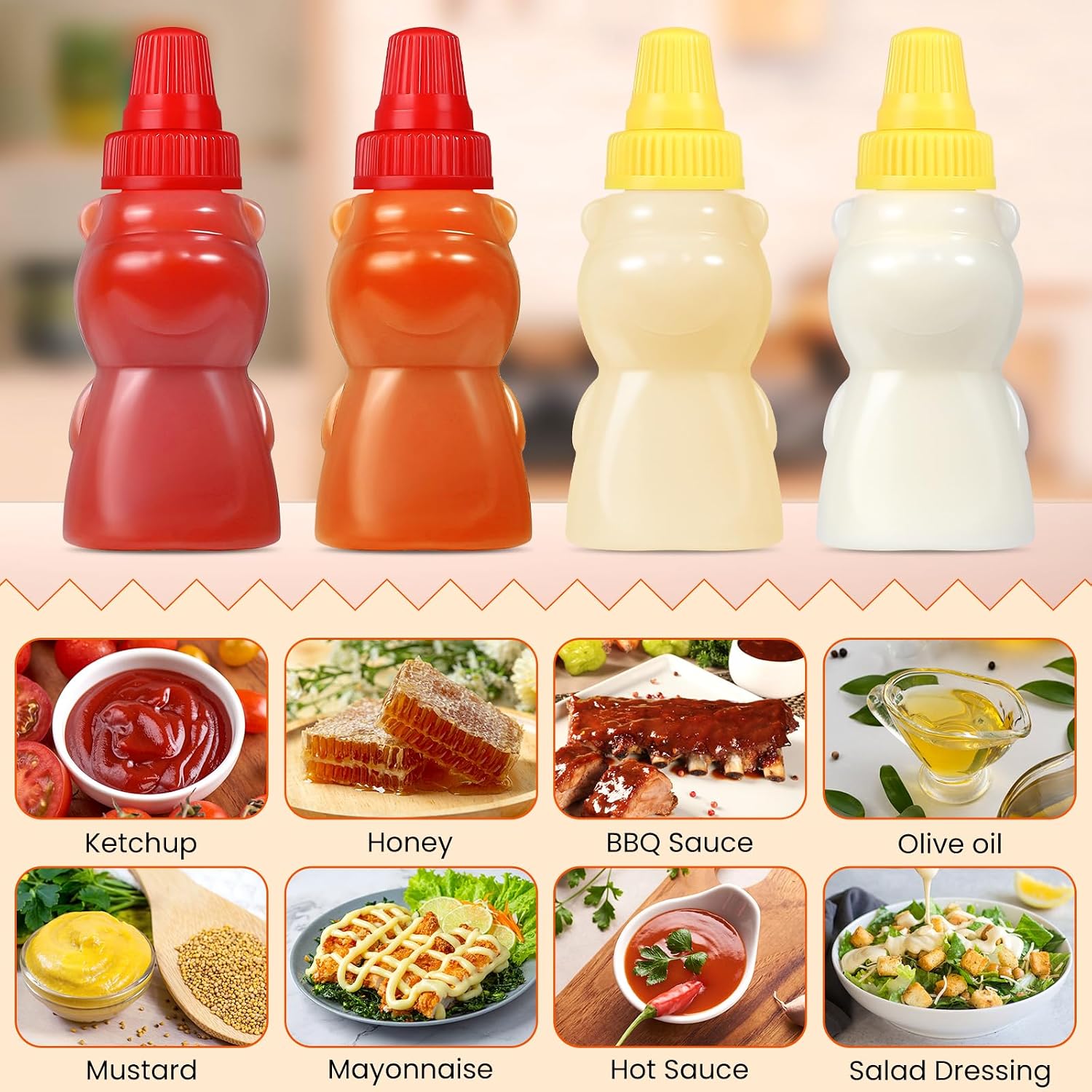 4 Pieces Mini Ketchup Bottle for Lunch Box, Lunch Box Accessories for Kids | Bear Shaped Small Condiment Squeeze Bottles with Lids, Mini Squeeze Bottles for Sauces Containers, Bento Box Accessories, 1oz thumbnail