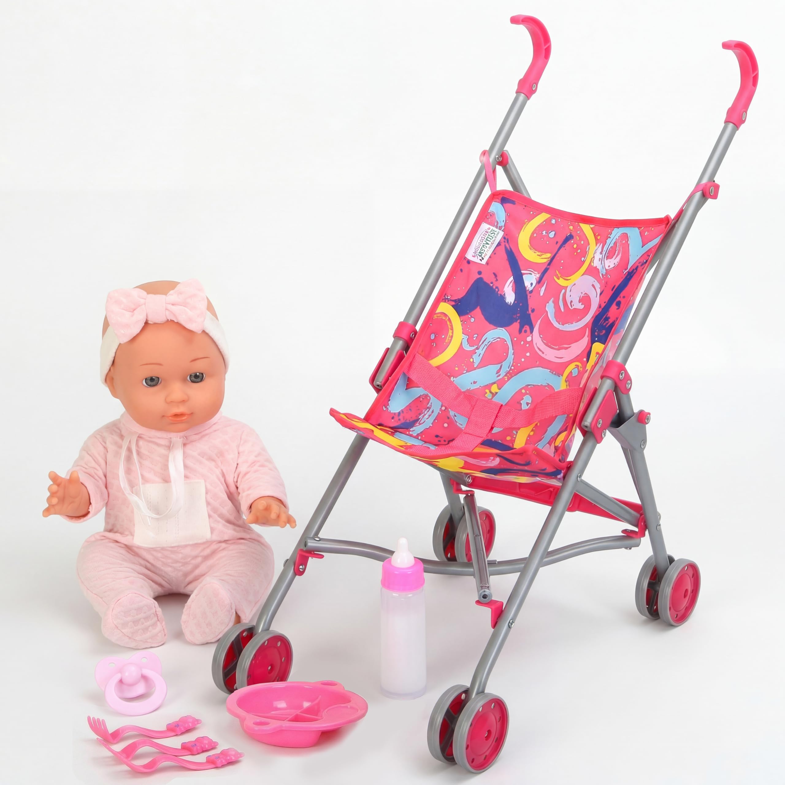 Bibi Doll Baby Doll, Stroller & Feeding Accessories Set - Foldable Pushchair Buggy with Safety Belt, Dummy & Magic Milk Bottle - Role Play Toys & Baby Doll Accessories for Girls & Boys, Ages 3+