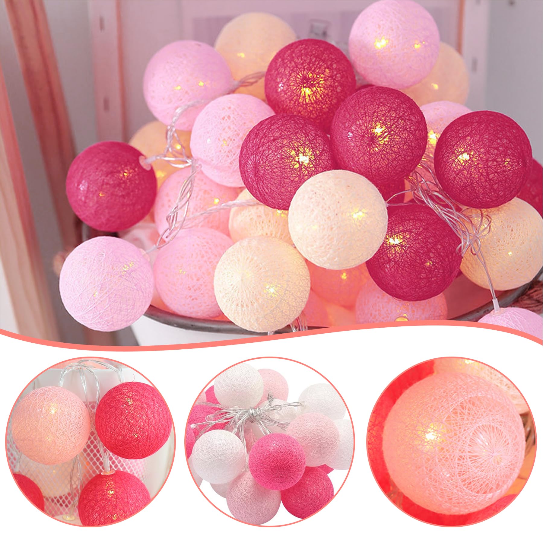YeahBoom Guirlande Lumineuse Coton Boules Alimenté par Pile,300CM 20LED Guirlande Lumineuse Boule,pour Noël Halloween Anniversaire Mariage Chambre Enfant Fête