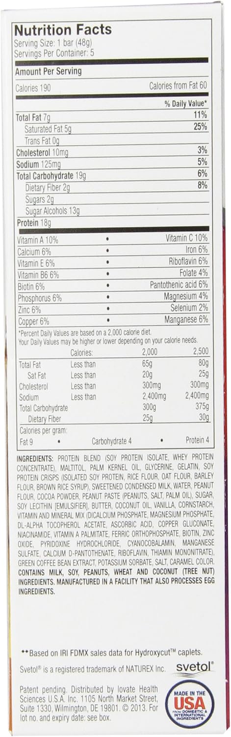 Hydroxycut Lean Protein Bars, Chocolate Peanut Butter Caramel, 5 X 1.7 oz Bars, Only 190 Calories, 18g of Protein, Only 2 g of sugar, Delicious