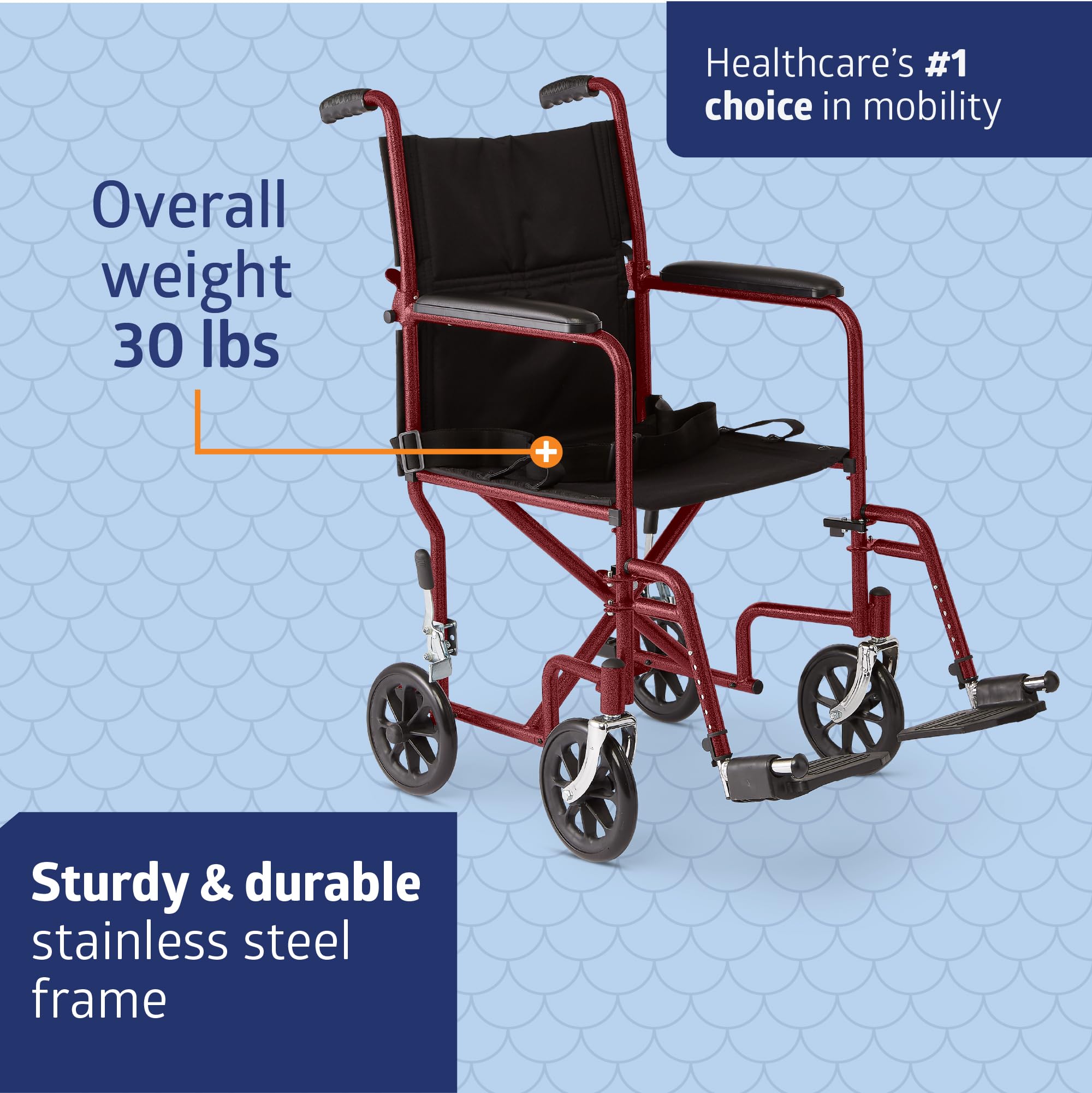 Medline Steel Transport Chair, Folding Transport Wheelchair, Removable Swing-Away Footrests, Full-Length Armrests, 19" Seat, 250 lb. Capacity, Red — Amazon image 4