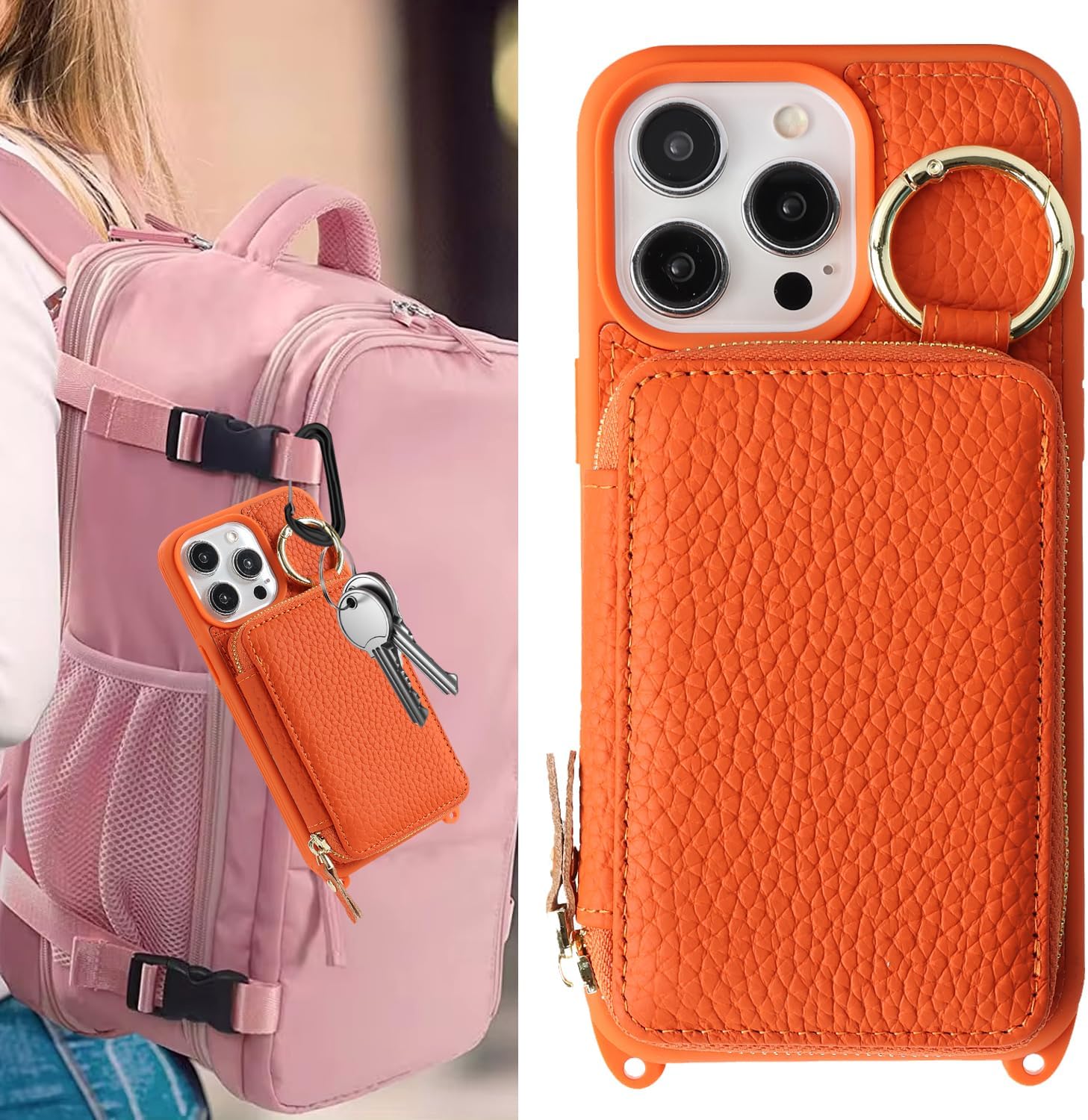 Cavor Genuine Leather for iPhone 15 Pro Max Wallet Case with Card Holder for Women Men,for iPhone 15 Pro Max Case with Strap, Crossbody Lanyard and Wristlet Zipper Phone Case-Orange