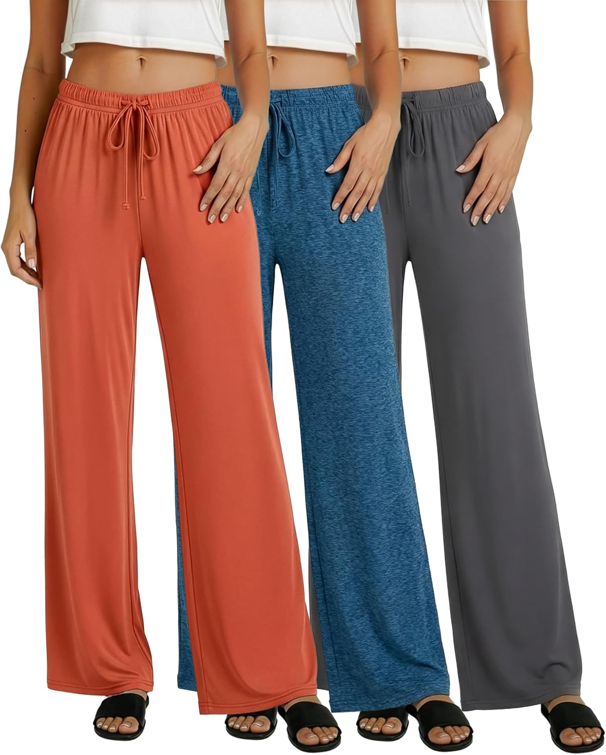 3 Pack Women's Palazzo Pants Wide Leg Adaptive Pajama Bottoms Lounge Casual | Available In Plus Size, Stretchy, Comfy, Drawstring, Elastic Waist, Soft, PJ, Sleep, Yoga, Travel, Beach, Work, Everyday