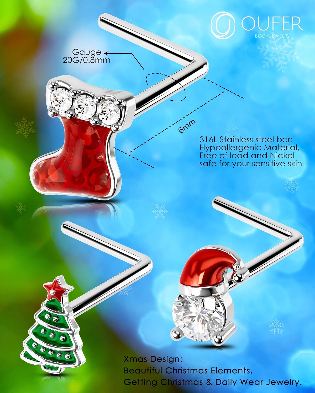 OUFER 3Pcs Nose Studs, Shining Christmas 20G Nose Rings L Shaped Cute Deer Star Tree Silver Stainless Steel Nose Rings Studs Nose Piercing Jewelry for Women Men-7MM