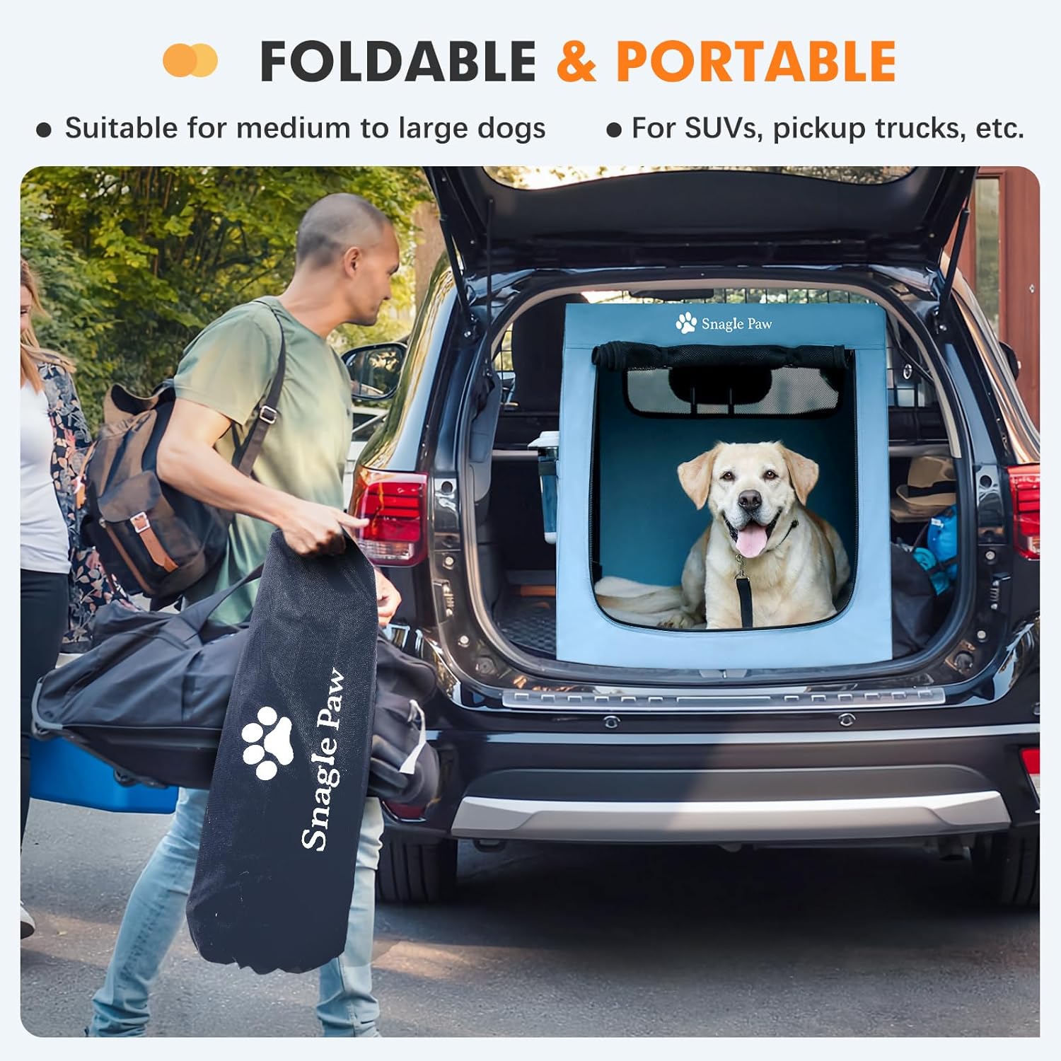 Snagle Paw Portable Dog Crate for Car Travel, Collapsible Large Dog Travel Crate with Metal Frame & 3-Door Mesh Windows, Secures in Trunk/Backseat, Soft-Sided Kennel Carrier for Medium Large Dogs-XL