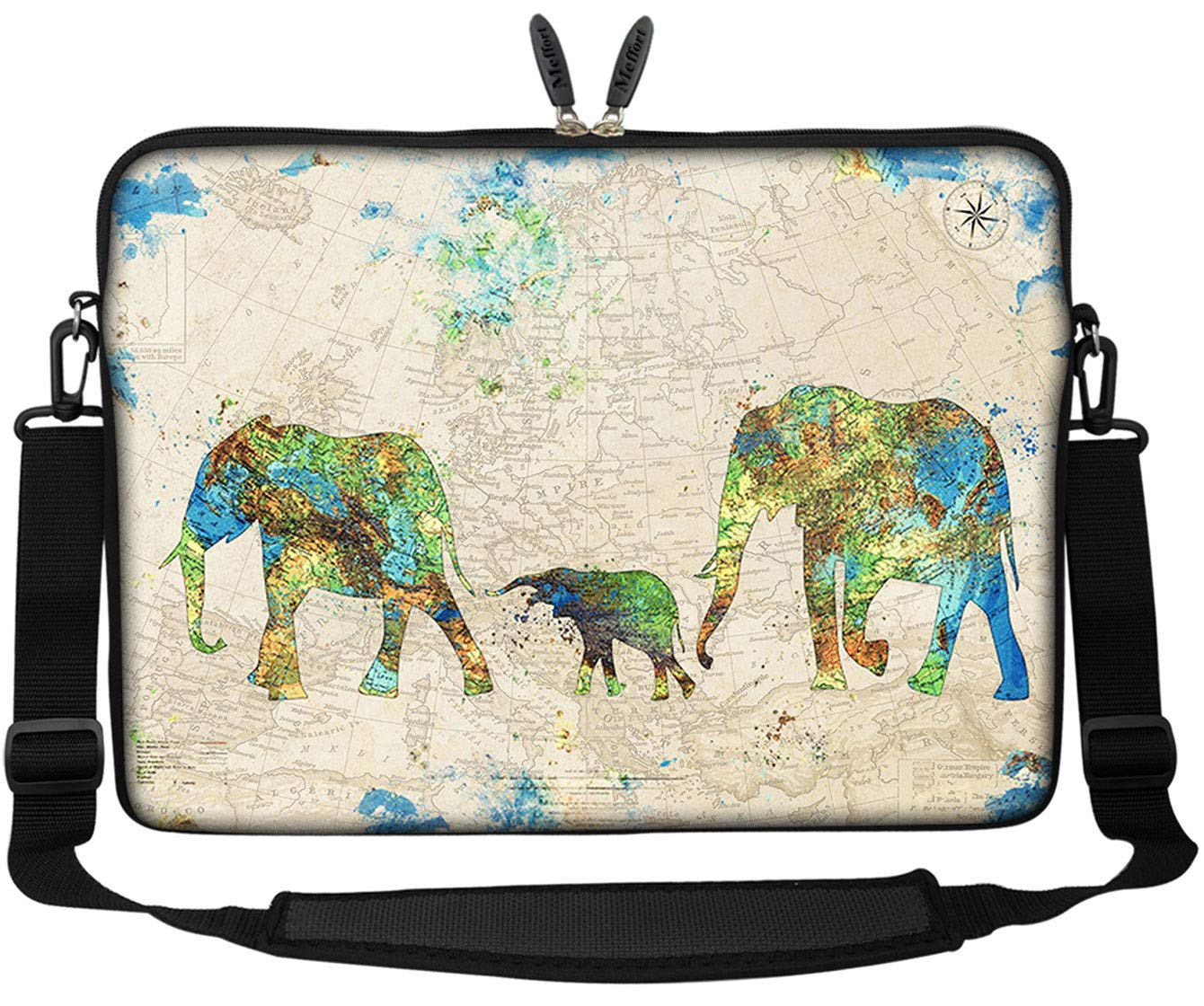 Meffort Inc 15 15.6 inch Neoprene Laptop Sleeve Bag Carrying Case with Hidden Handle and Adjustable Shoulder Strap - Family of Elephants
