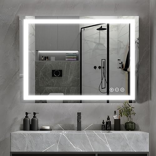 Butylux Espejo de baño LED de 32 x 24 pulgadas con regulable, regulable continuamente, antiniebla, espejo de baño iluminado para montar en la pared Butylux Espejo de baño LED de 32 x 24 pulgadas con regulable, regulable continuamente, antiniebla, espejo de baño iluminado para montar en la pared