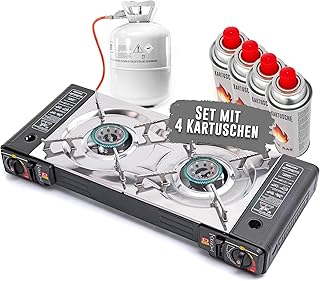 TruWare Gaskocher 2-flammig – Campingkocher mit zwei Kochfeldern & Piezozündung – Doppelgaskocher für MSF-1A Kartuschen – Kocher für Camping, Balkon, Garten, Festival (Gaskocher mit 4 Kartuschen)