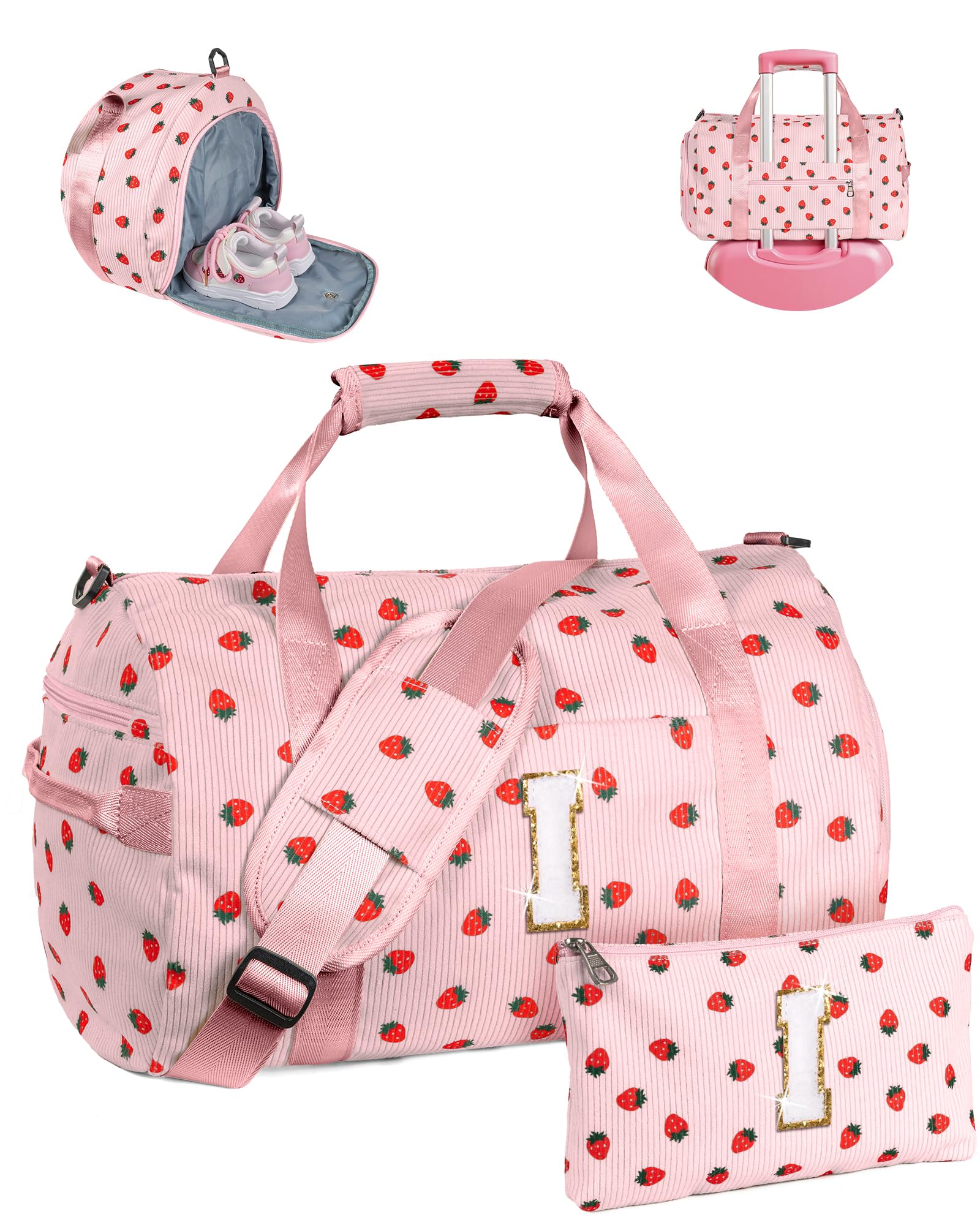 Vogewood Teen Girl Gifts Trendy Stuff, Girls Gym Bag, Kids Personalized Weekend Duffel Bags with Shoe Compartment, Initial Travel Tote with Makeup Pouch, Birthday Gift for Teenager, Pink, Large, Small