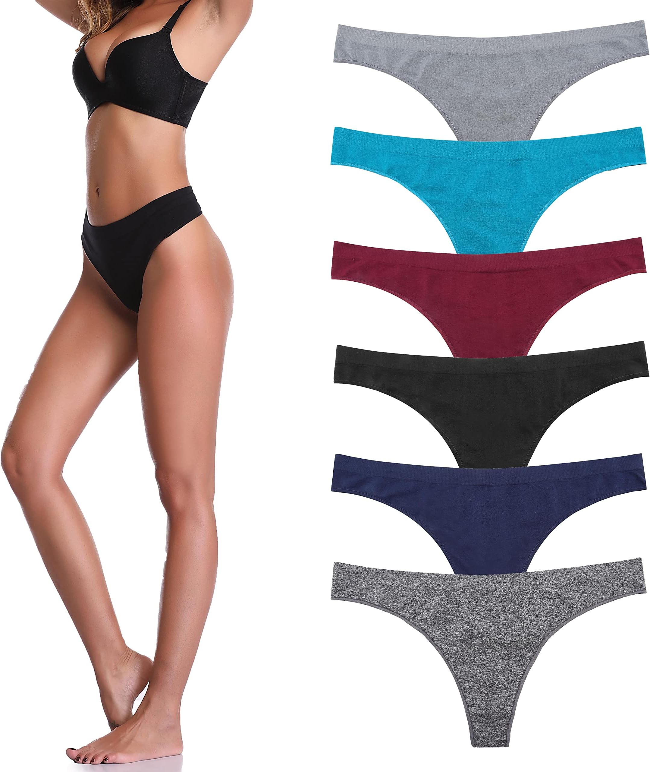 Seamless Thongs for Women No Show 6 Pack Women's Nylon Spandex Thong Underwear