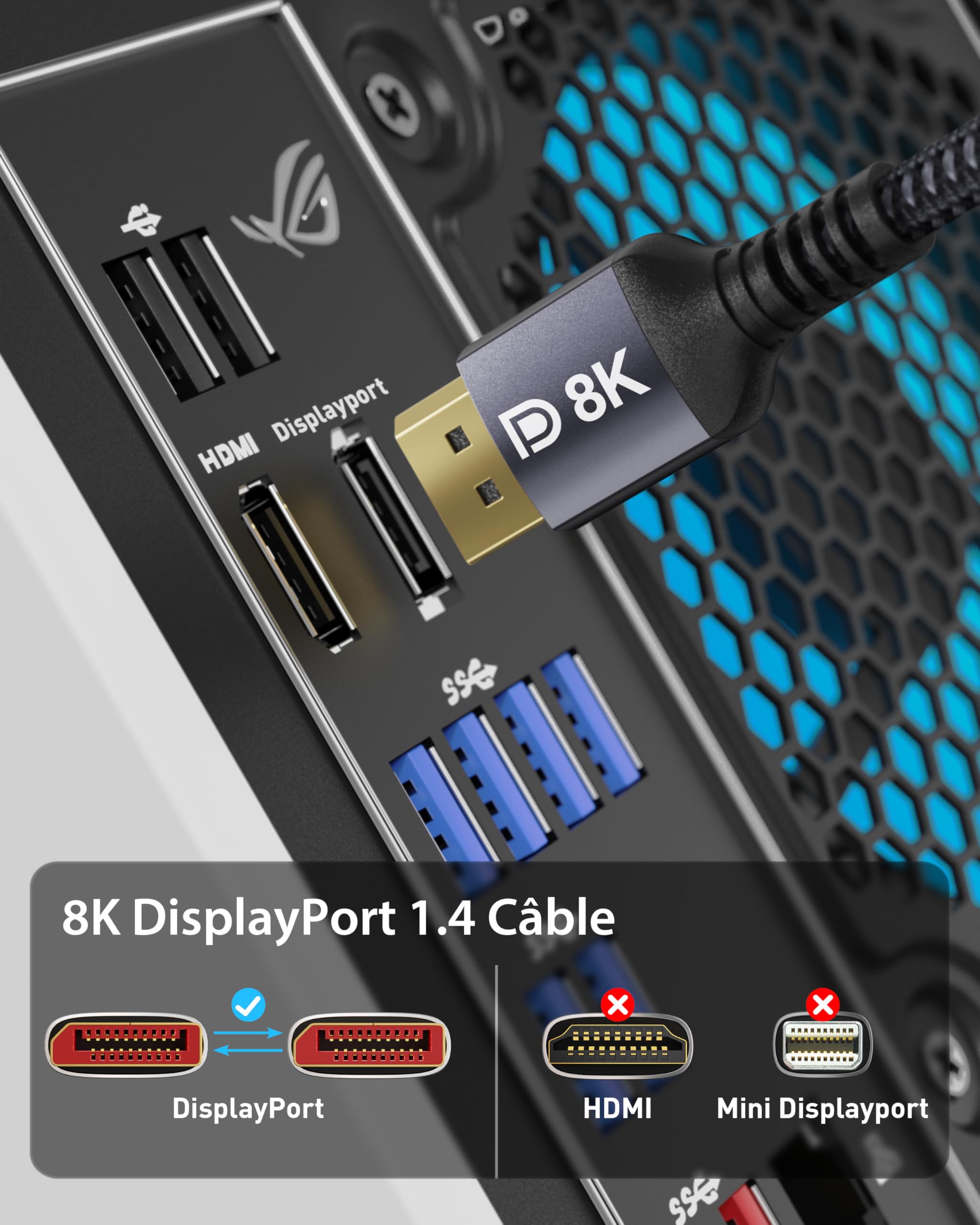 Stouchi Câble DisplayPort 1.4 240Hz 2M/6.6FT DP1.4 Prise en charge 8K@60Hz 4K@60Hz/144Hz/120Hz 5K@60Hz/120Hz 2K@165Hz/240Hz FreeSync G-Sync 32,4Gbps HDR10 Display Port Lead