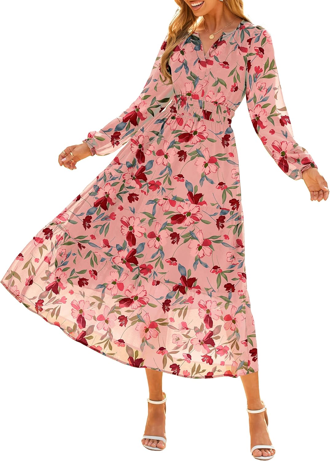 Simplee Women's Floral Boho Long Sleeve Maxi Dress V Neck Empire Waist Swing Flowy Wedding Guest Dress - Image 2