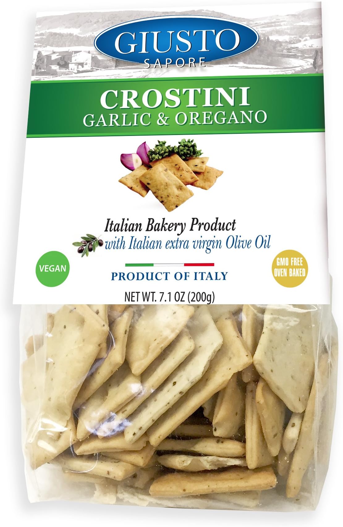 Giusto Sapore Garlic & Oregano Crostini Crackers 7.1oz. with Italian Extra Virgin Oil - Premium Gourmet Vegan GMO Free - Imported from Italy and Family Owned - Great with Sauces and Basil