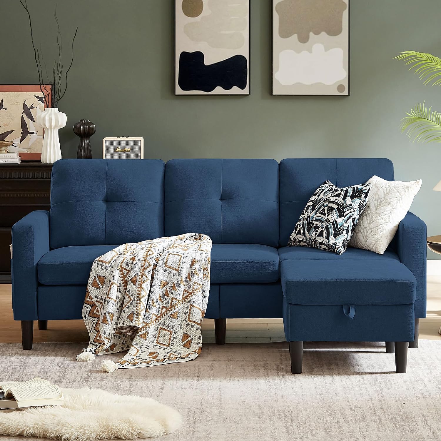 80" Convertible Sectional Sofa Couch with Movable Ottoman, 3 Seats Sectional Sofas L Shaped Couch for Small Spaces, Soft Fabric Couch for Living Room (Blue)
