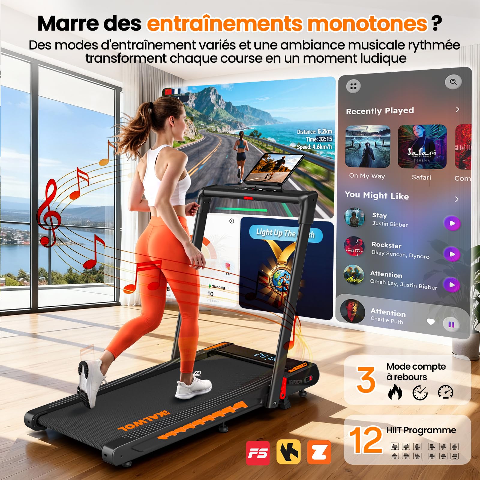 Tapis de Course, 6 en 1 Tapis de Marche Pliable avec Enceinte Bluetooth – Inclinaison 10%, Moteur Silencieux 3,0 CV, 12 KM/H, 12 Programmes, APP & Télécommande, Charge 160 kg – pour Maison & Bureau