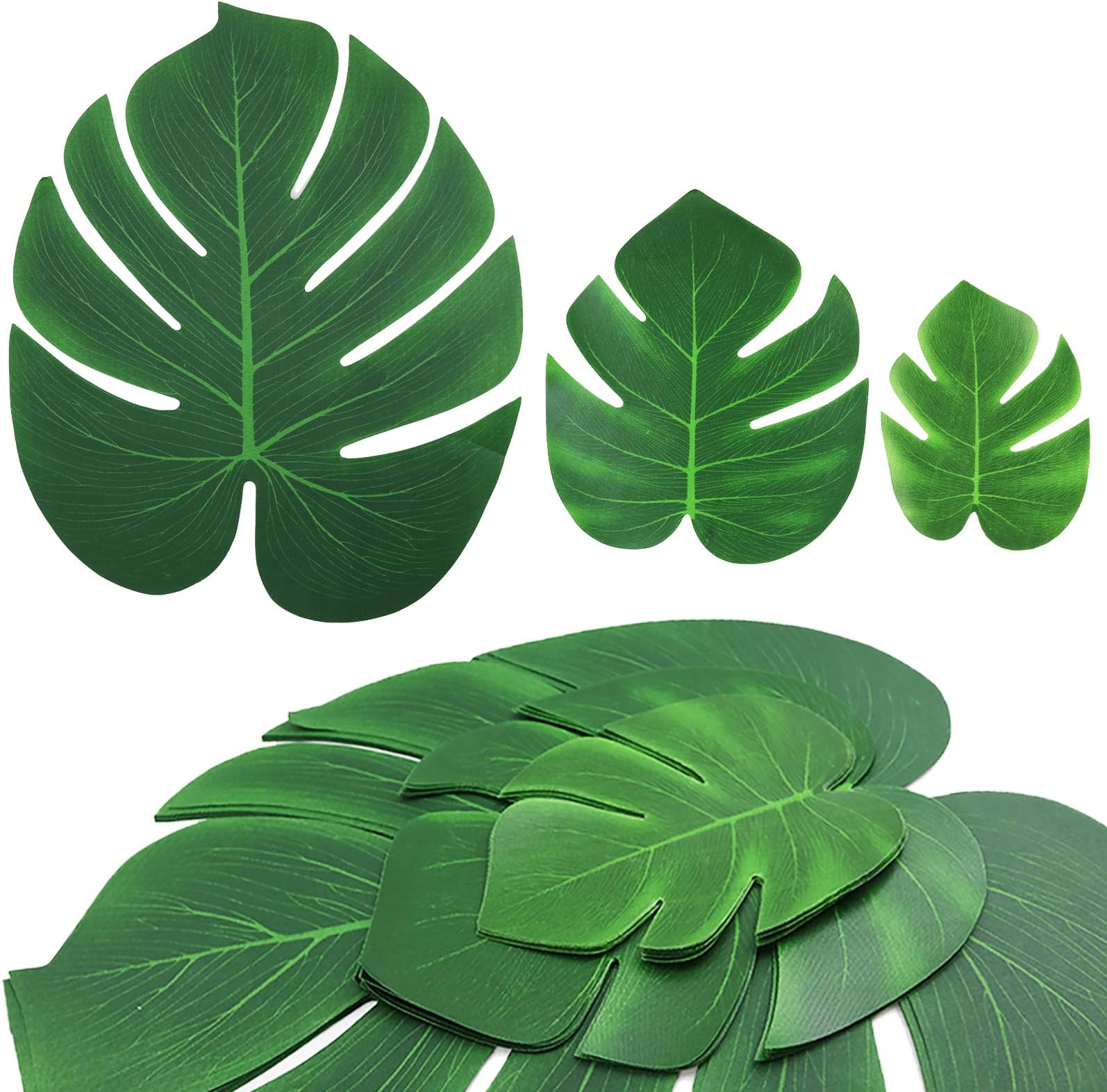 90 Pcs Artificial Tropical Palm Leaves Luau Party Decoration Monstera Fake Large Green Leaf for Hawaiian Luau Party Decorations Jungle Beach Birthday Theme BBQ Party Supplies (3 Size)