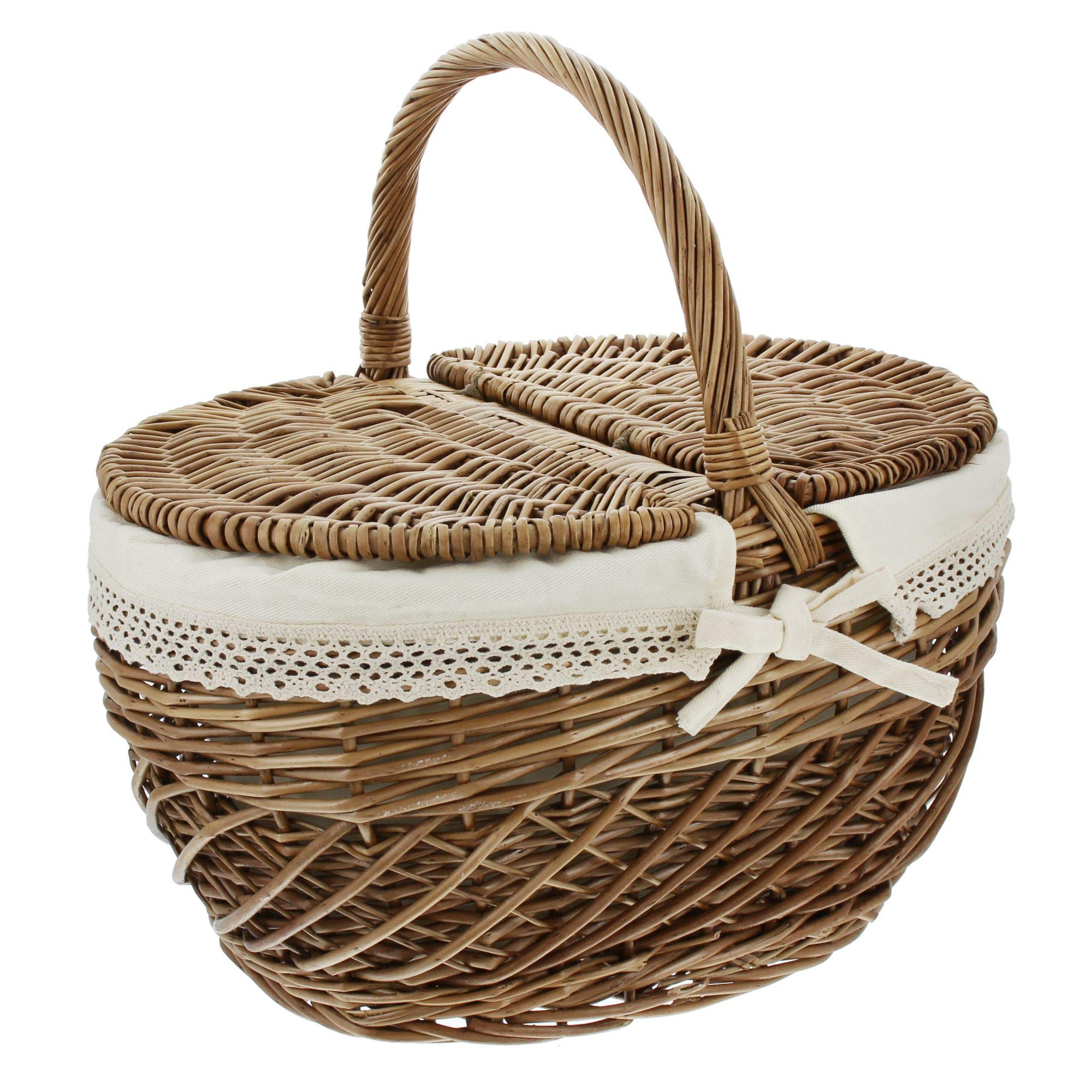 Panier pique-nique, osier laqué dans des tons brun, finement tressé, tissu intérieur amovible couleur crème avec bord crocheté, 2 couvercles à charnière