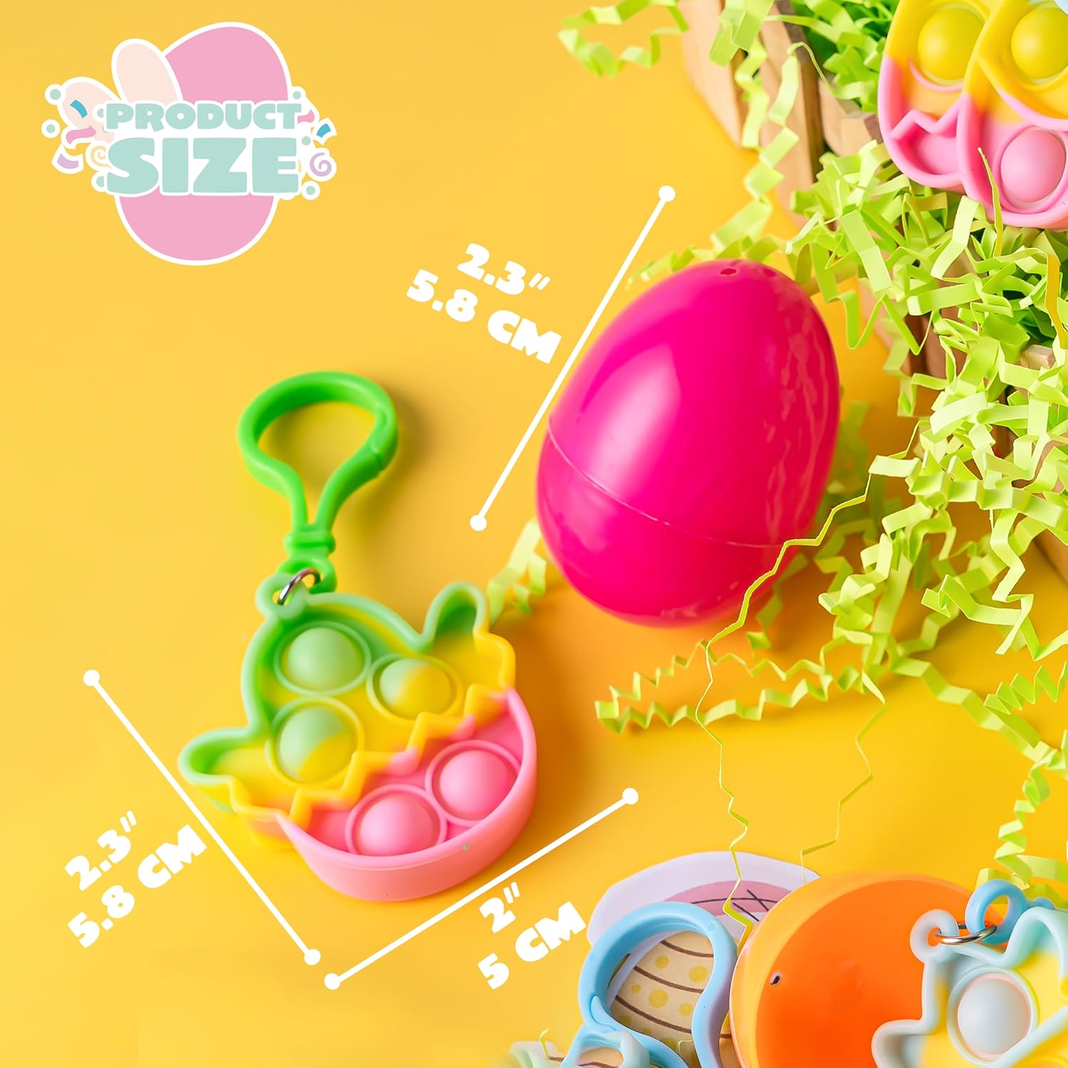 JOYIN 24 Pcs Prefilled Easter Egg with Mini Pop Fidget Bubble Keychain for Kids, Fidget Sensory Stress Relief Toy for Basket Stuffers, Easter Egg Hunt, Party Favors