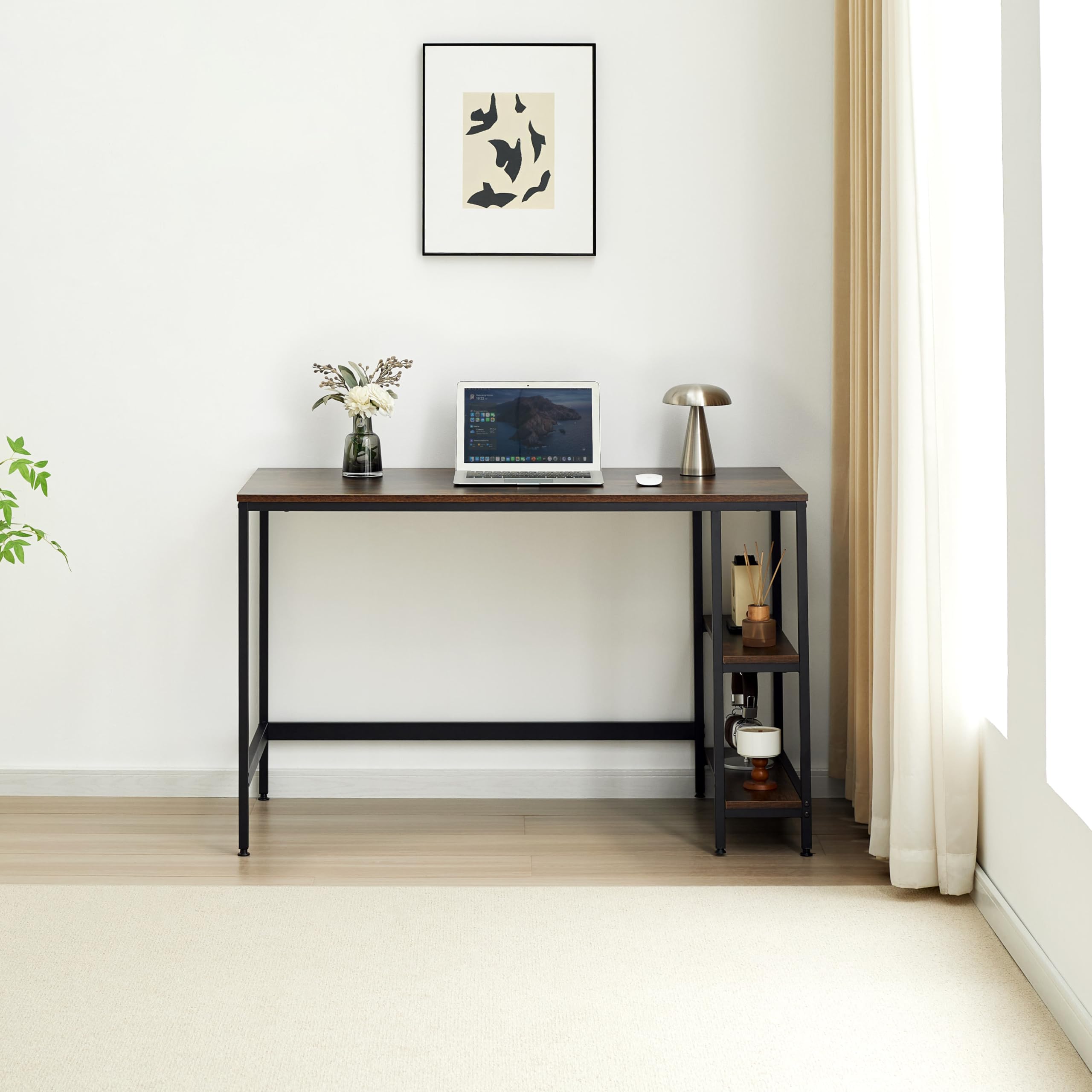 Garvis Schreibtisch 120x60 cm (mit 2 Ablagefächern) – Gaming Tisch mit Regal – MDF Computertisch für Homeoffice (Rustikal)