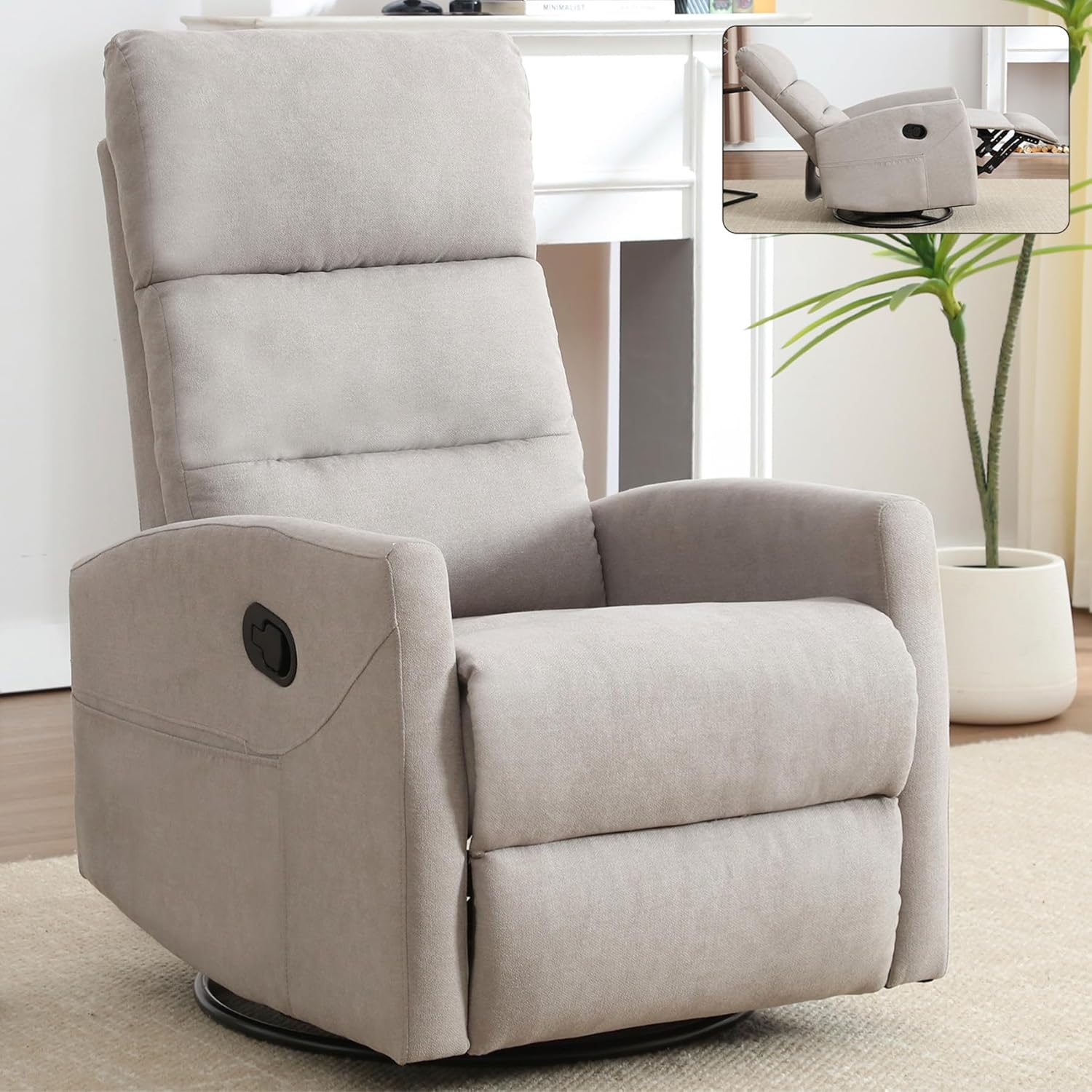 Slim Lazy Boy Recliners for for Adults, Swivel Rocking Chair Recliner with High Back, Small Recliner Chair for Small Spaces, Manual Reclining Chair for Living Room, Adjustable Footrest (Khaki)