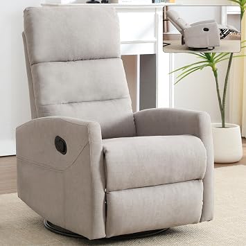 Slim Lazy Boy Recliners for for Adults, Swivel Rocking Chair Recliner with High Back, Small Recliner Chair for Small Spaces, Manual Reclining Chair for Living Room, Adjustable Footrest Khaki