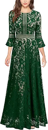 Women's Vintage Full Lace Contrast Bell Sleeve Formal Long Dress