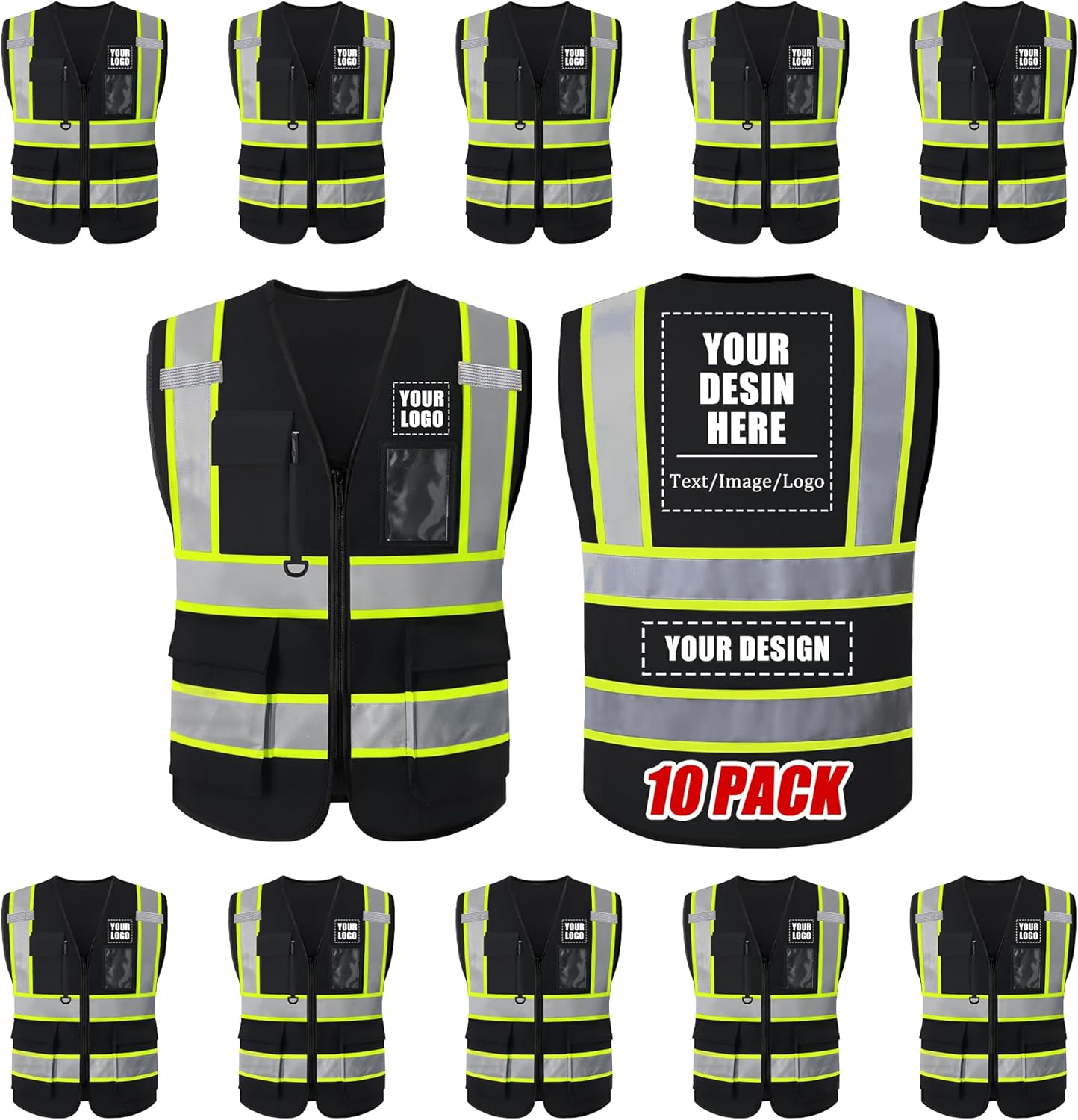 Custom Safety Vest with Logo, High Visibility Reflective Personalized Vest with Pockets and Zipper for Men Women Work