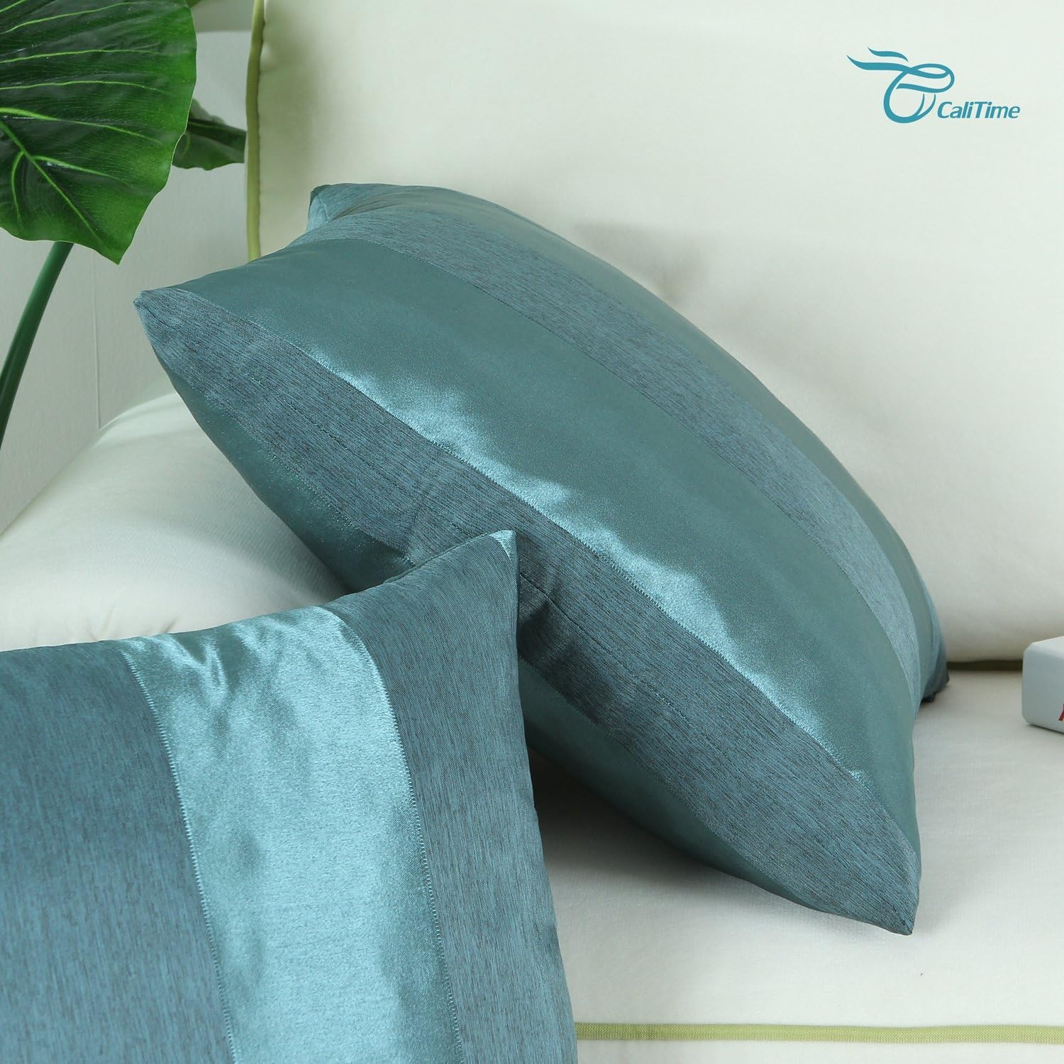 CaliTime Pack of 2 Cushion Covers Throw Pillow Cases Shells for Couch Sofa Home Decoration Modern Shining & Dull Contrast Striped 18 X 18 Inches Teal
