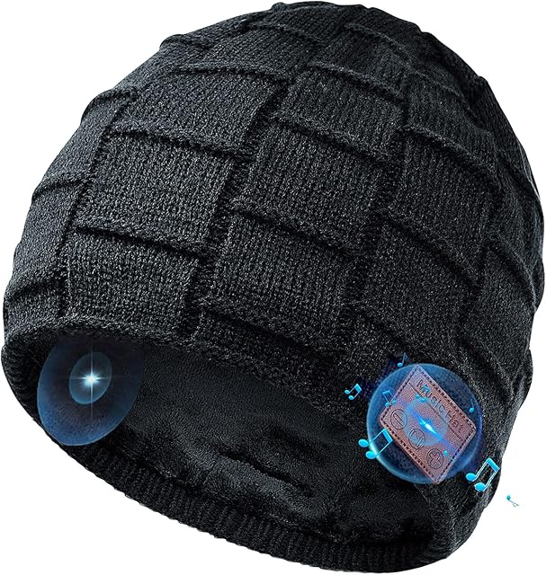 COTOP V5.0 Bluetooth Fleece-Lined Beanie Hat Headphones Wireless Headset Winter Music Speaker Hat Knit Running Cap with Stereo Speakers & Mic Unique Tech for Women Mom Her Men Teens Boys Girls (Black)