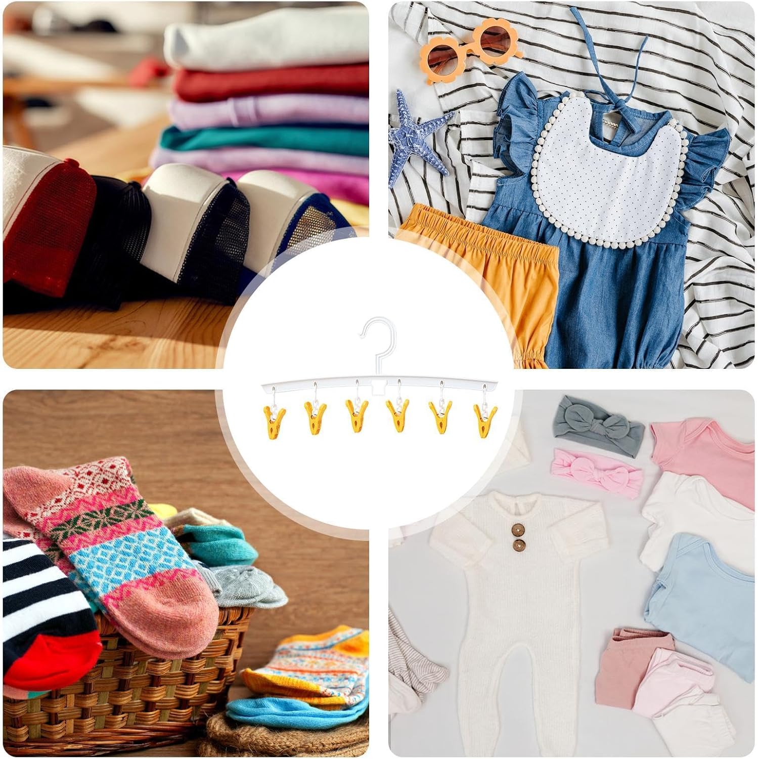 Collage of various small items like socks, underwear, baby clothes, and hats being dried on the hanger