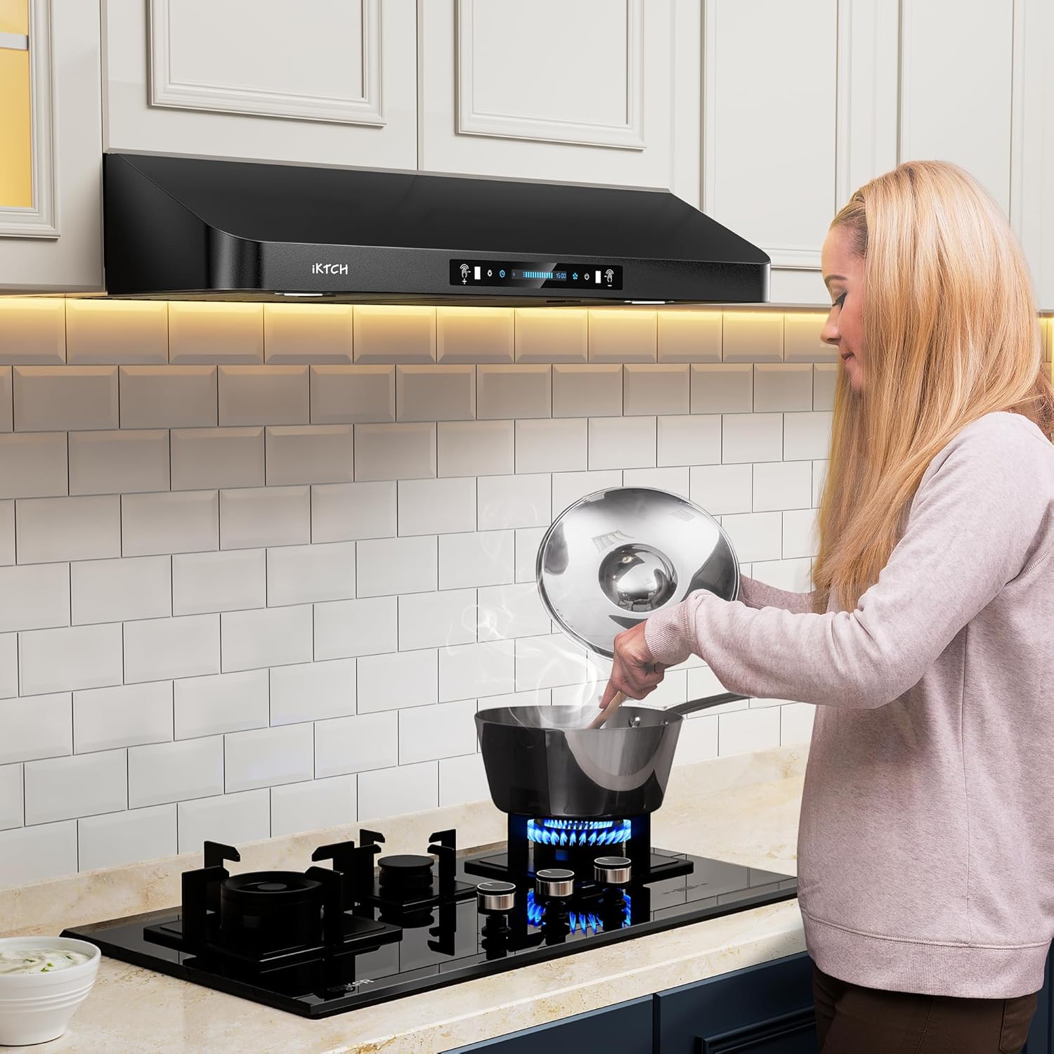IKTCH 30 Inch Under Cabinet Range Hood 900 CFM, Black Kitchen Vent Hood with 4 Speed Gesture Sensing & Touch Control Panel