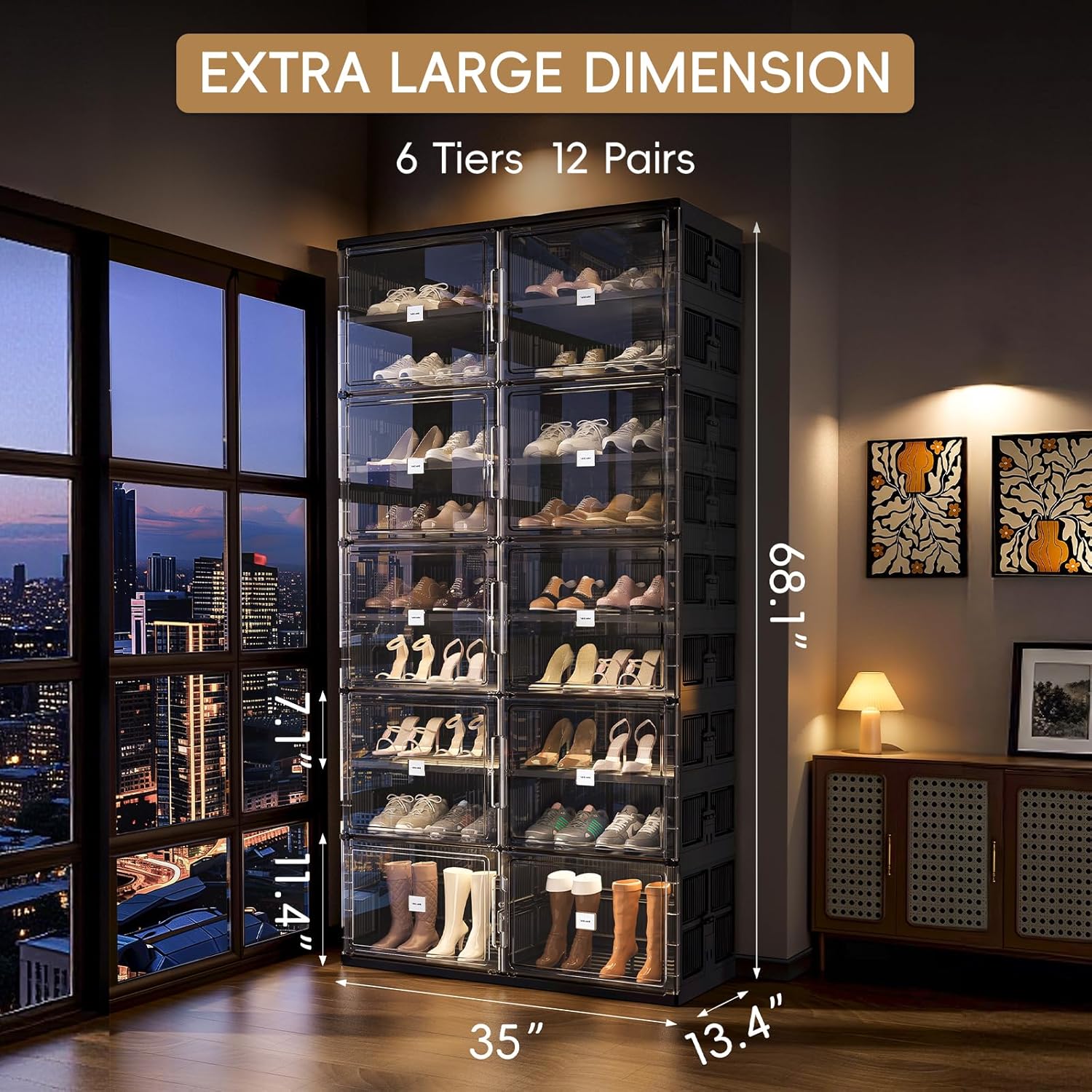 JEKO&JEKO 9-Tier Foldable Shoe Storage Cabinet with Magnetic Doors, Large Stackable Shoe Organizer Cabinet for Entryway, Clear Front Door Shoe Boxes Hold Up to 36 Pairs (Black)