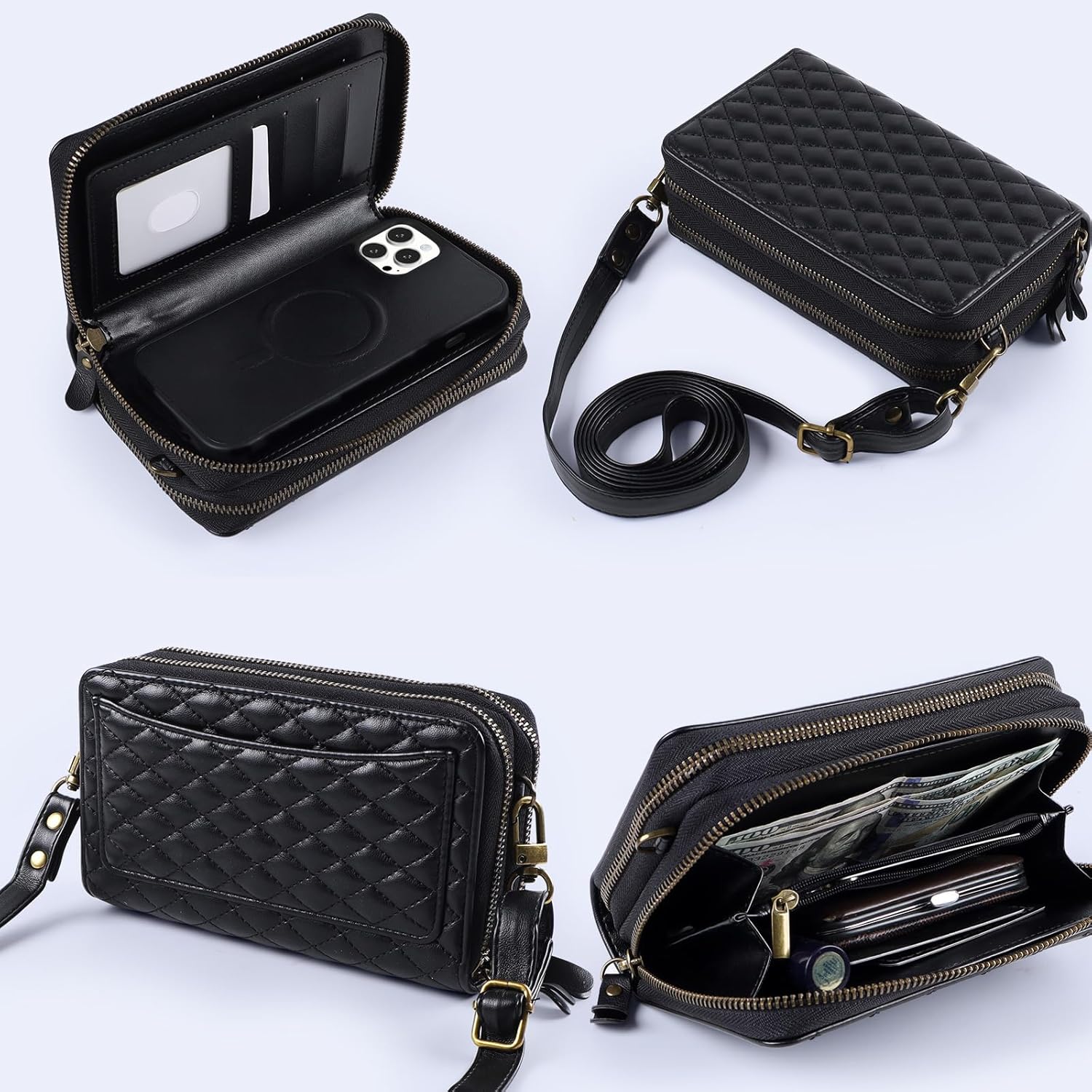 Harryshell Compatible with iPhone 12 Pro Max 6.7 inch Case Wallet Multi Zipper Detachable Magnetic Cover Clutch Purse with Card Slots Mirror Crossbody Strap (Compatible with Magsafe -Black)