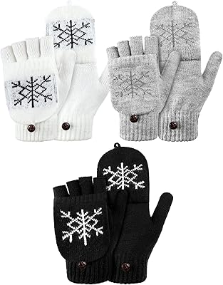 3 Pairs Winter Knitted Fingerless Gloves Warm Knit Flip Convertible Mittens Flap Cover Gloves for Women Men Knitted Gloves (Black, White, Gray, Snowflake)