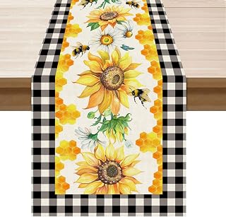 XCHI Summer Sunflower Daisy Bees Table Runner for Table Decoration 13x60In | Honeycomb Black and White Buffalo Plaid Stylish Home Decor for Party Farmhouse Kitchen Dining Dinner Holiday