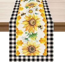 XCHI Summer Sunflower Daisy Bees Table Runner for Table Decoration 13x72In | Honeycomb Black and White Buffalo Plaid Stylish Home Decor for Party Farmhouse Kitchen Dining Dinner Holiday