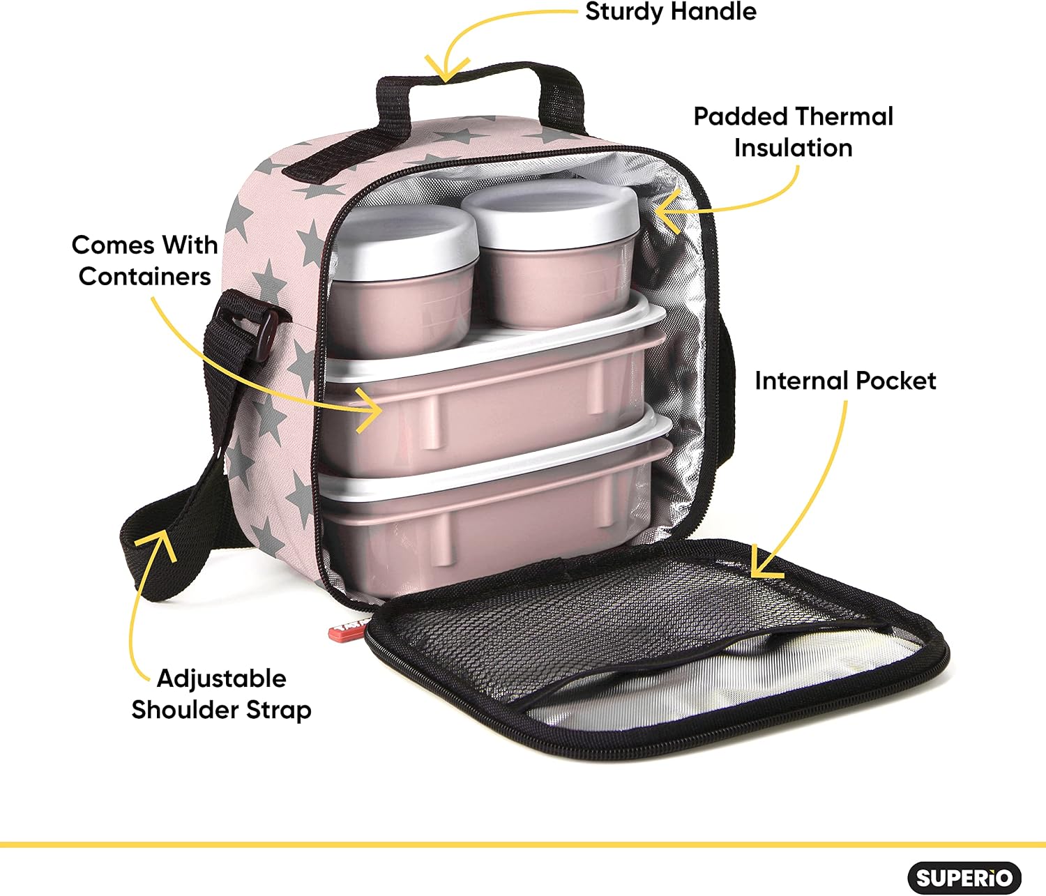 Superio Insulated Lunch Bag with Containers, Thermal Lined Lunch Box, Reusable Leak Proof Containers for Work, Travel, and Beach, Pink Stars Small Lunch Bag with Adjustable Strap, Easy to Clean