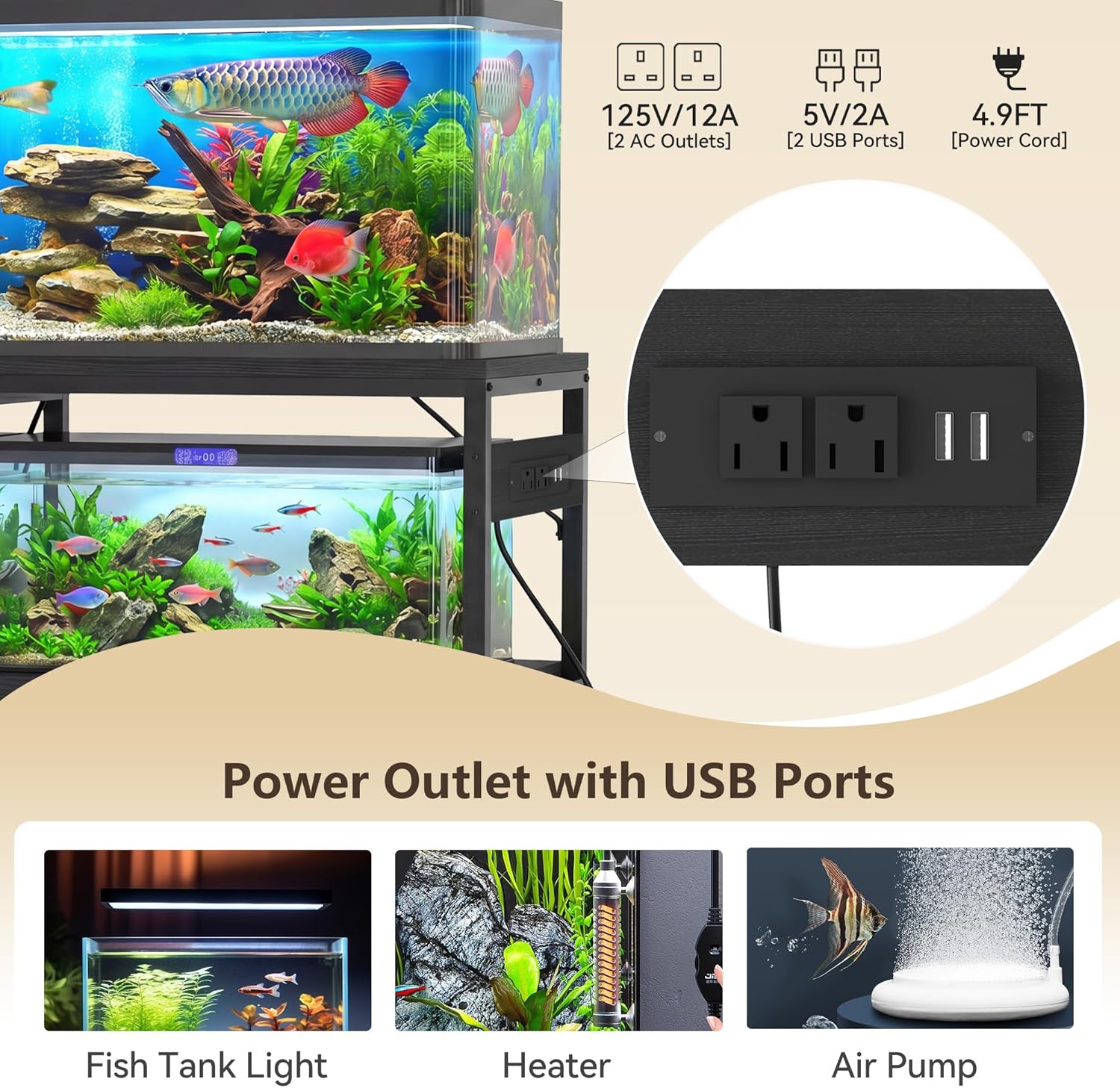 Heybly 55-75 Gallon Fish Tank Stand, Aquarium Stand with Drawer, Power Outlet, Heavy Duty Metal Frame, for Fish Tank, Turtle & Reptile Terrarium, 36.2" L × 18.1" Top, 1000lbs, Black HAS005BK