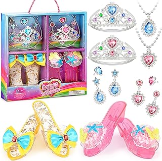 Princess Dress Up Shoes Set Girls Role Play Shoes Toddler Pretend Jewelry Toys Set Gift Set 2 Pairs of Shoes Kit Collection of Tiara Crown Earrings Necklace Rings for Girls Aged 3-6 Years Old