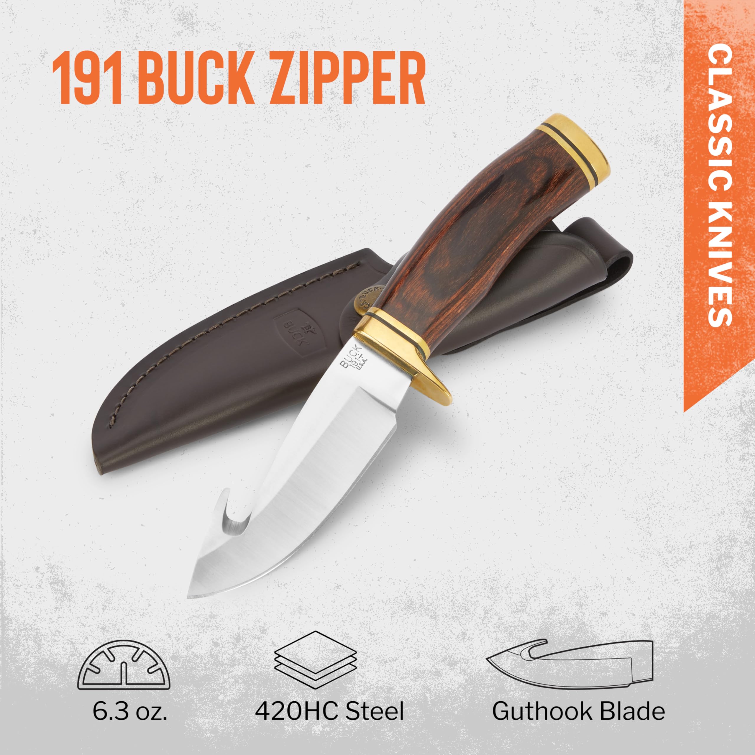 Buck Knives Faca de lâmina fixa Guthook com zíper 191 Buck com