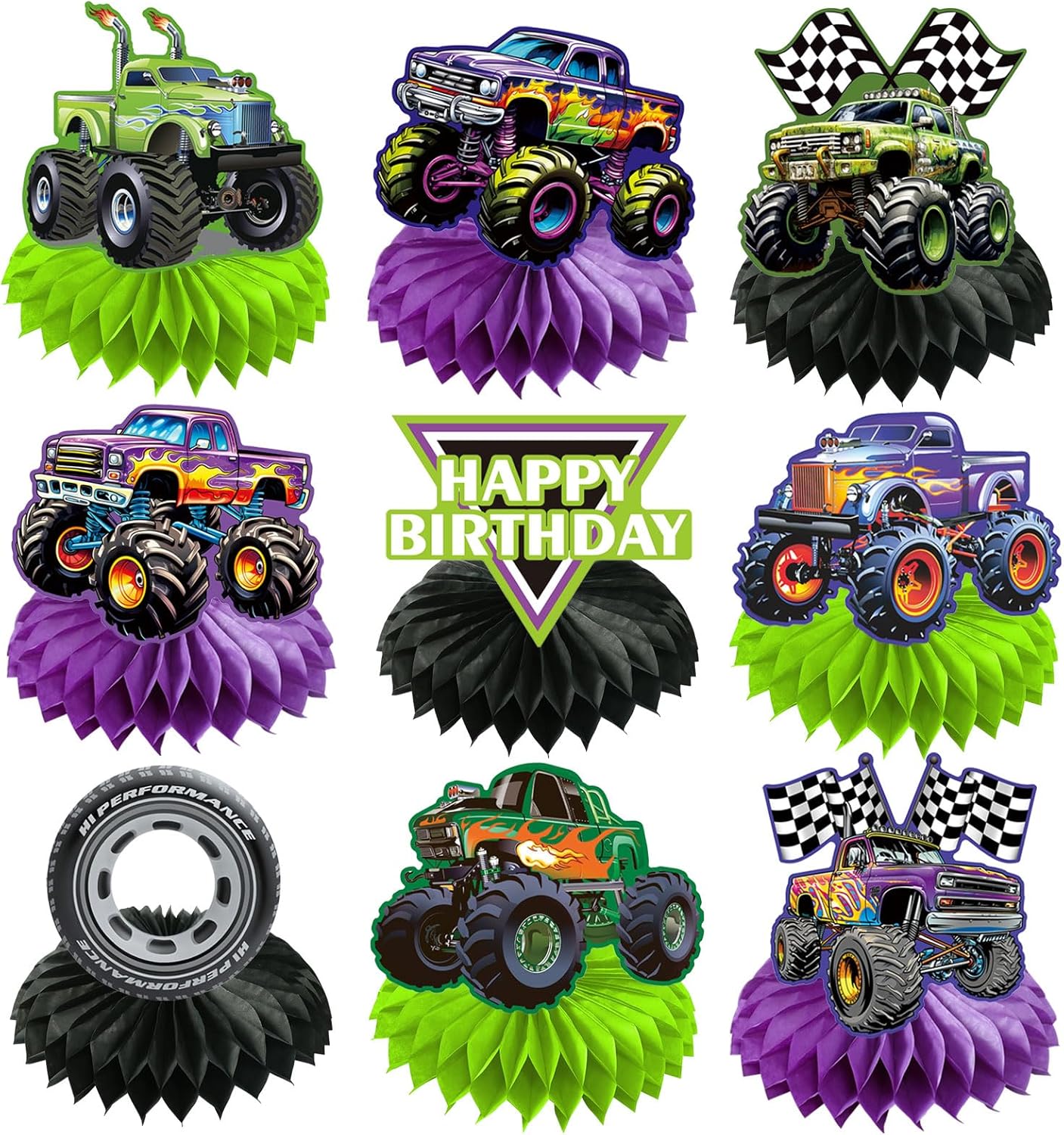 Monster Truck Honeycomb Centerpiece Decor, Truck Birthday Table Decoration, Green and Purple Racing Car Table Supplies for Monster Truck Birthday, Wheel Tire Party (9PCS)