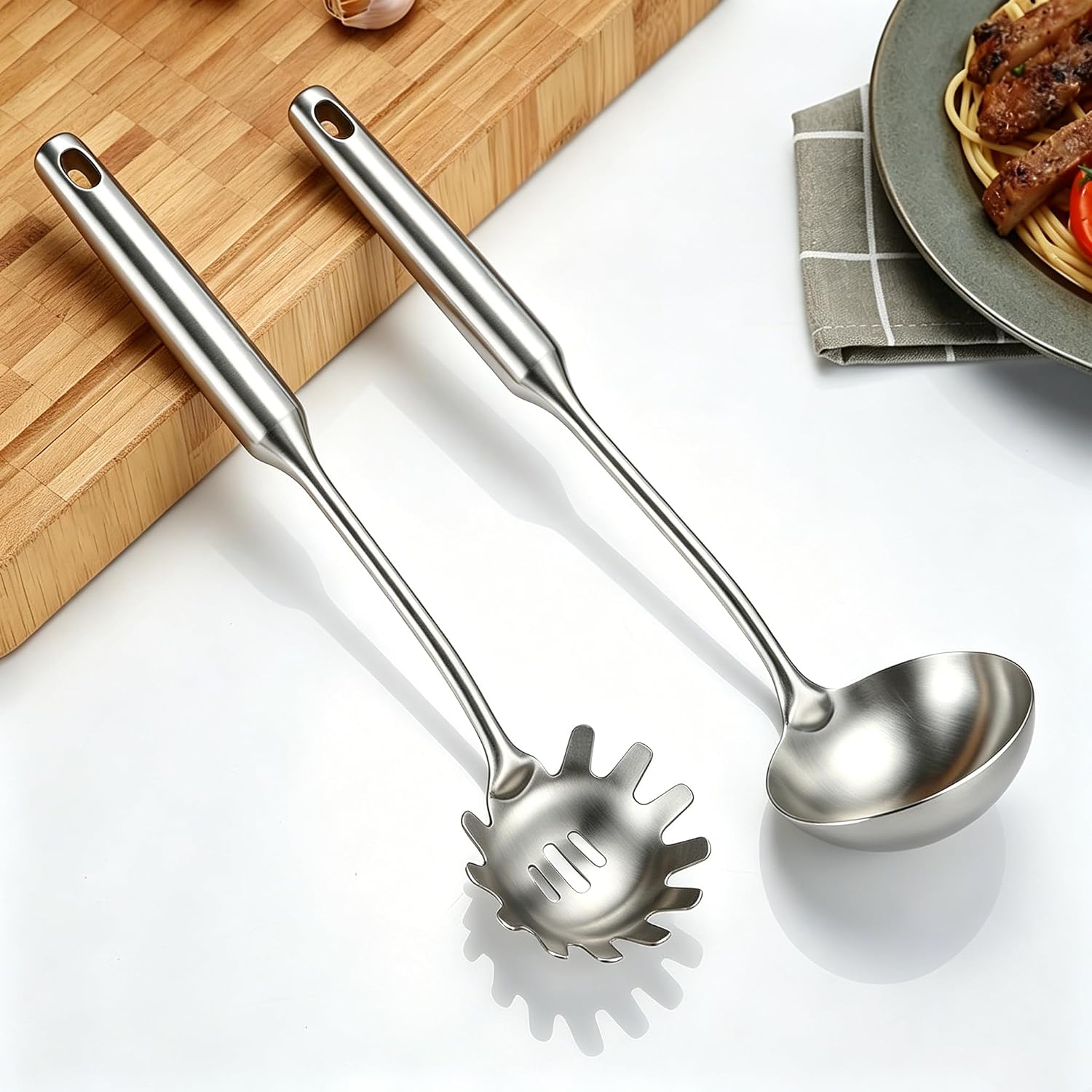 Stainless Steel Pasta Server and Cooking Spoon, Large Soup Ladle, Spaghetti Server with Teeth & Draining Holes, Dishwasher Safe Utensil for Everyday Use